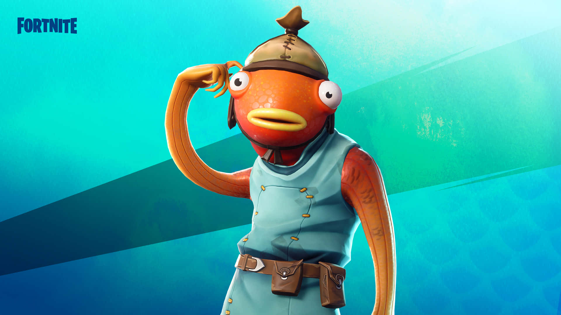 Fortnite 魚棒桌面壁紙 壁紙 — 一個卡通橙色魚角色，身穿藍色背心和帽子，在藍綠色和藍色的漸變背景前敬禮。