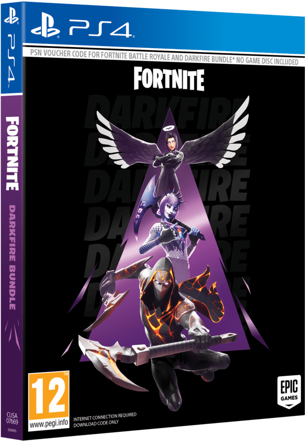 Fortnite 黑焰包 PS4封面藝術 壁紙 — 三個帶有翅膀和武器的黑暗奇幻角色在PS4遊戲盒的紫色三角形背景上動態擺姿勢。