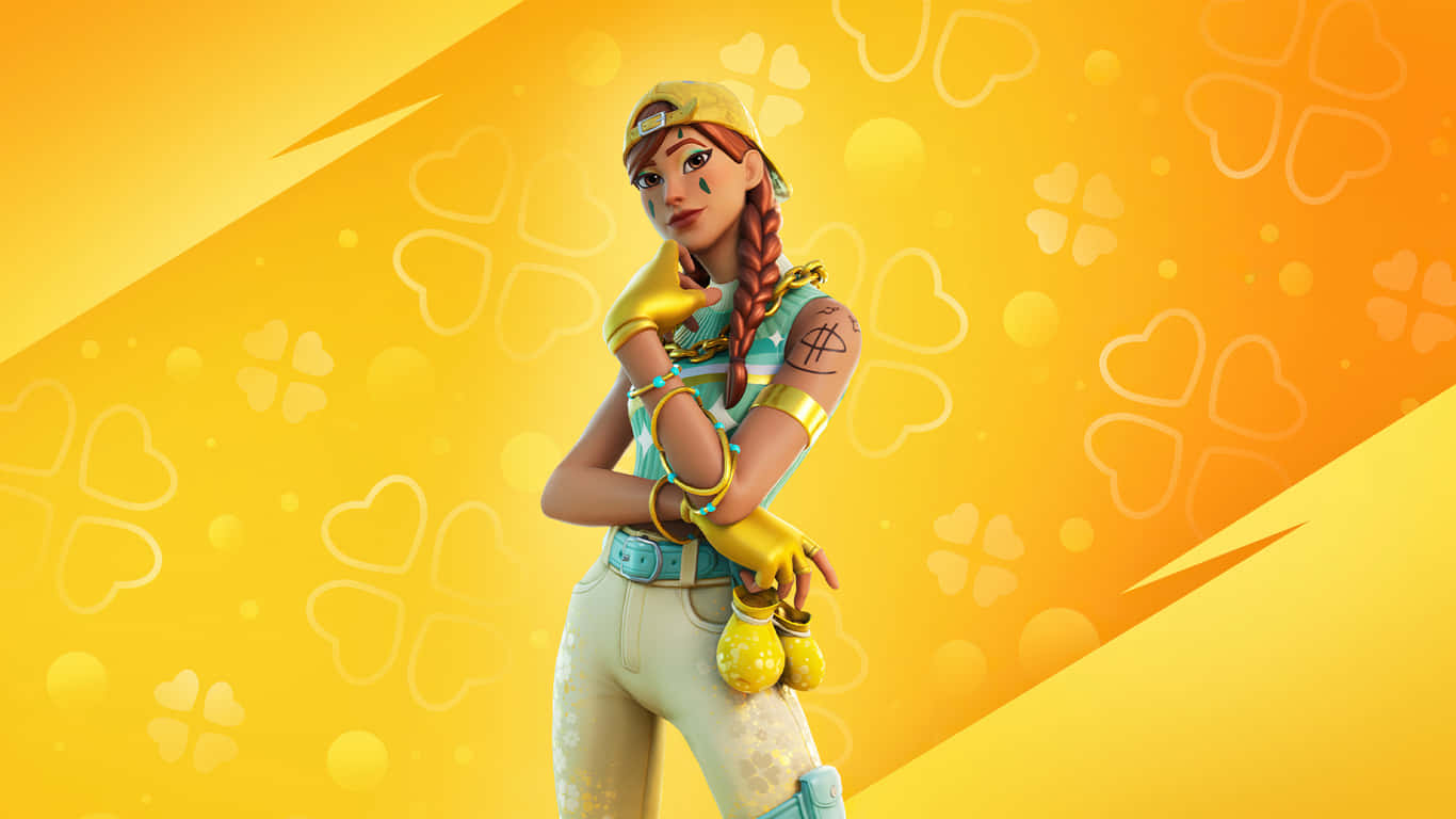 《Fortnite》1366x768 解析度角色 Aura 壁紙 — 一個Fortnite角色，梳著辮子，身穿黃色裝備，在充滿心形和幸運草圖案的鮮黃色背景前自信地擺姿勢。