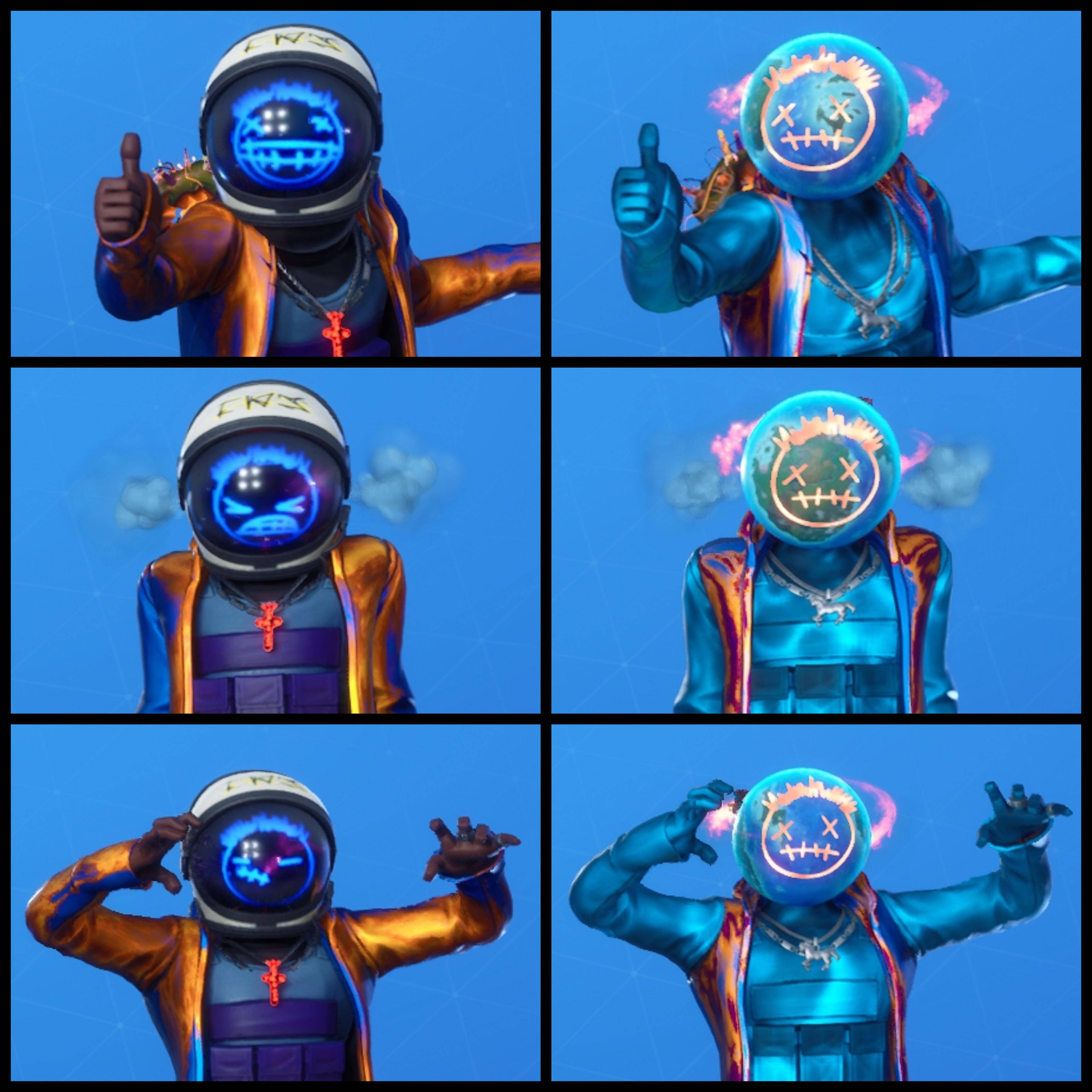 特拉維斯·斯科特《Fortnite》Astro Jack表情動作 壁紙 — 六個面板顯示一個角色戴著發光頭盔，頭盔上有縫製的笑臉，在藍色背景前豎起大拇指和做出和平手勢。