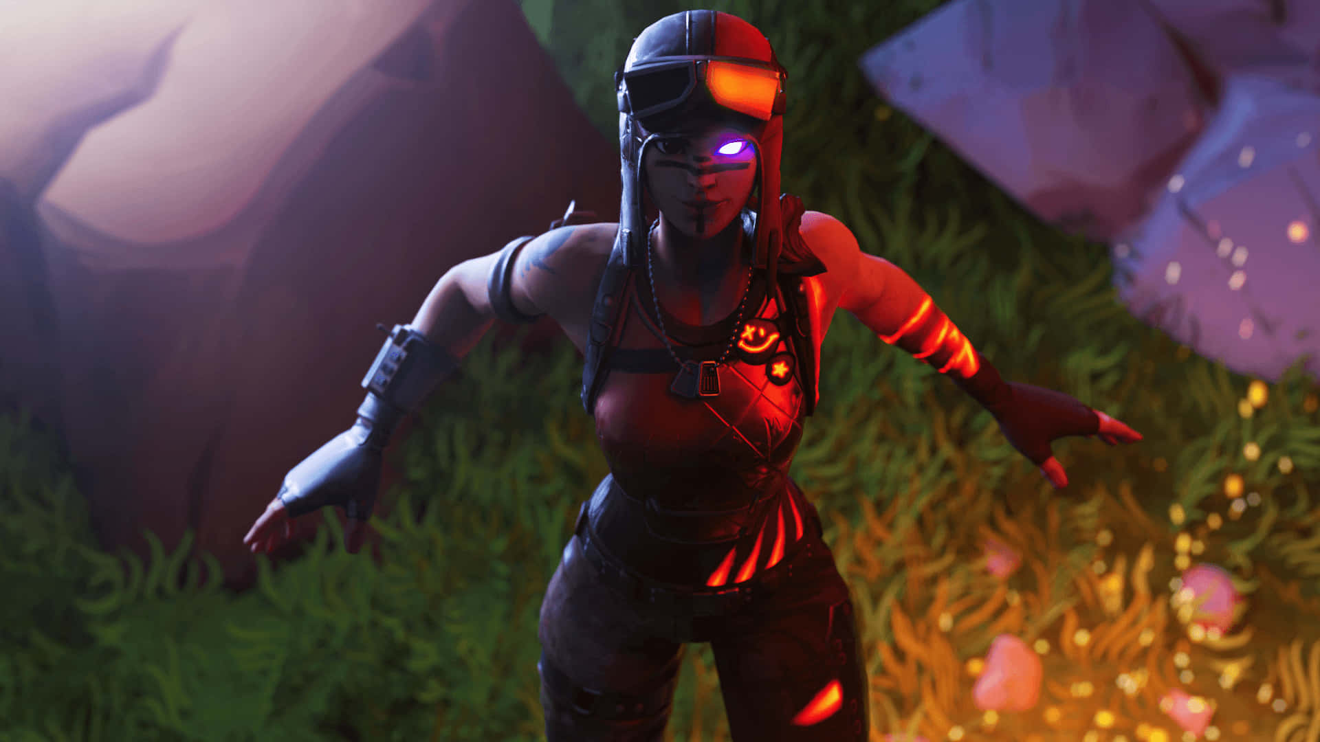 《Fortnite》Blaze 裝扮準備移動 壁紙 — 一個身穿發光紅色盔甲的未來戰士站在一個充滿生物發光植物的神秘森林中。