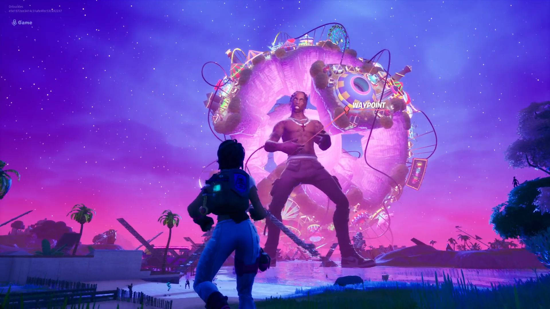 特拉維斯·斯科特《Fortnite》Boss戰 壁紙 — 玩家在充滿活力的紫色日落遊戲場景中面對一個巨大的發光粉紅色外星生物。