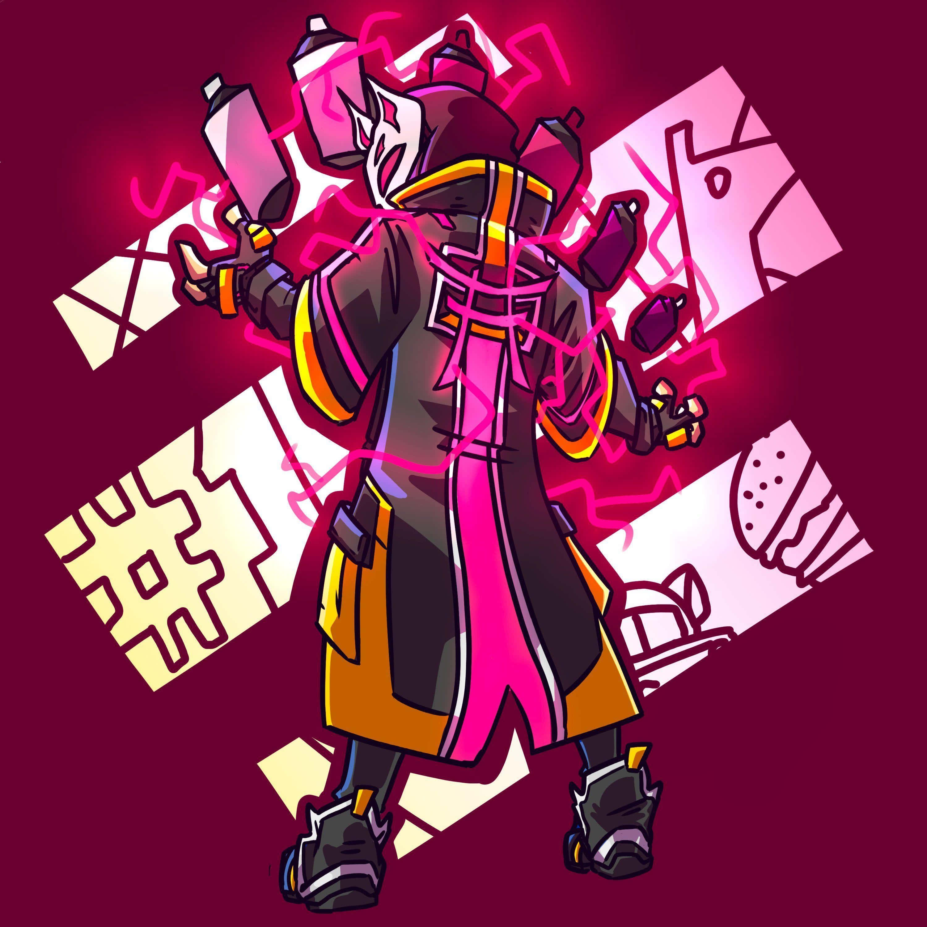 以《Fortnite》Drift 皮膚贏得大逃殺戰鬥 壁紙 — 一個風格化的動漫角色，身穿深色外套，帶有霓虹粉紅能量爆發和塗鴉風格的背景元素。