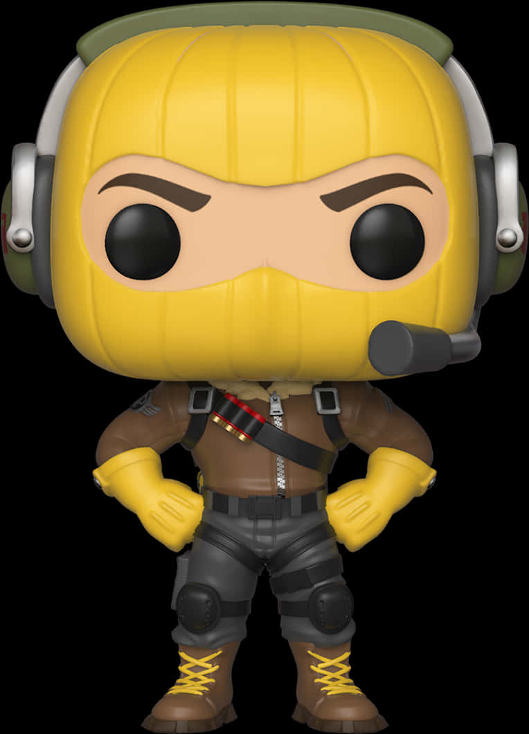 《Fortnite》角色Funko Pop人偶 壁紙 — 一個黃色頭的Funko Pop公仔戴著耳機和戰術裝備，自信地站在黑色背景前。