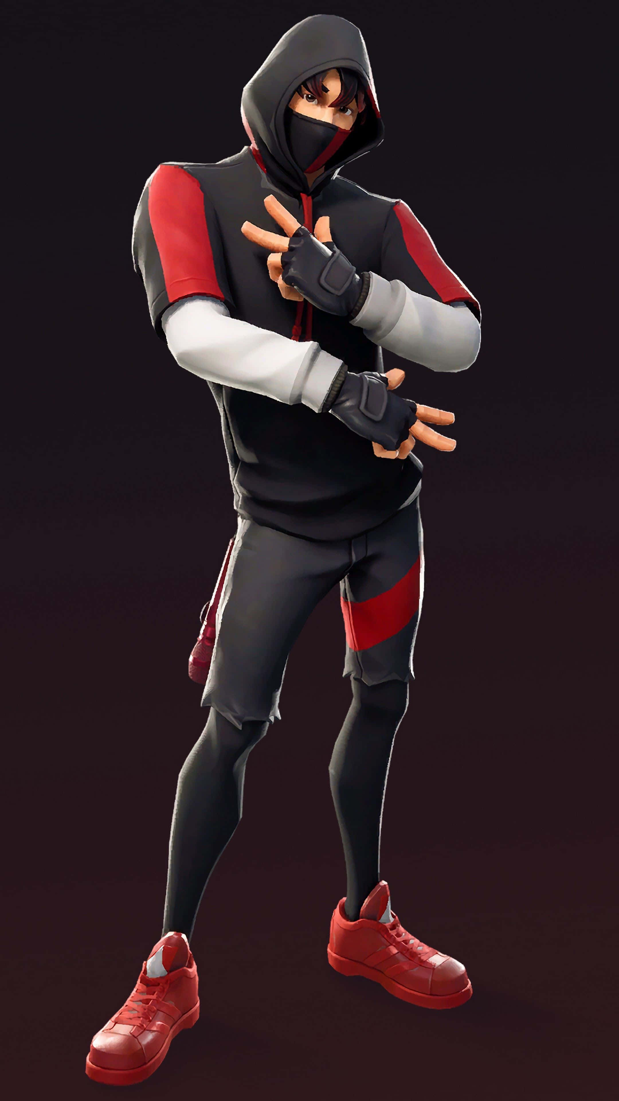 立即取得《Fortnite》Ikonik 皮膚！ 壁紙 — 一個風格化的動漫角色，穿著黑、紅、白連帽衫、面具和手套，在黑暗背景前擺出自信姿勢。