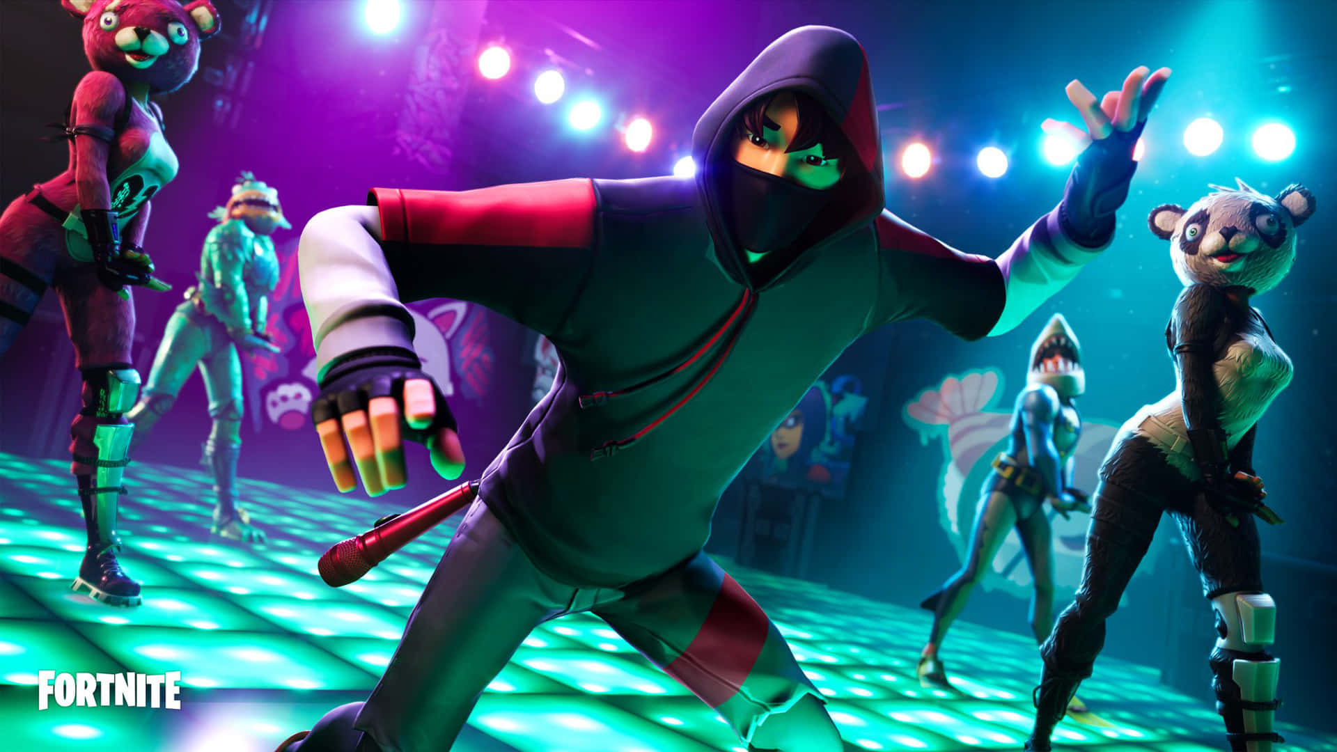 立即擁有稀有《Fortnite》Ikonik 皮膚，展現時尚品味 壁紙 — 一個穿著連帽衫的Fortnite角色在色彩繽紛的聚光燈下，與穿著動物服裝的盟友一起在發光的舞台上跳舞。