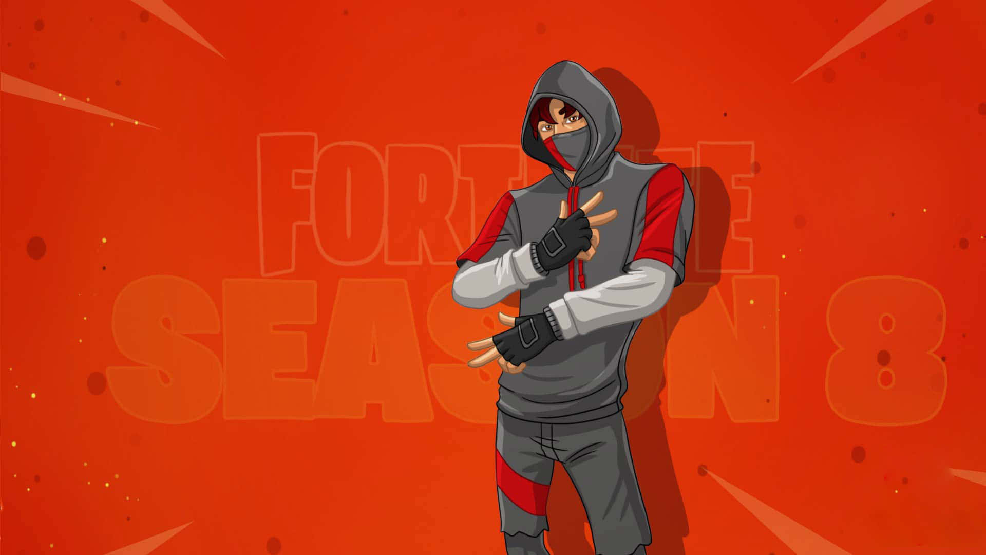 立即升級造型，入手全新《Fortnite》Ikonik 皮膚 壁紙 — 一個穿著灰色和紅色連帽衫的Fortnite第8季角色在充滿活力的橙色背景前擺姿勢，帶有動態條紋。