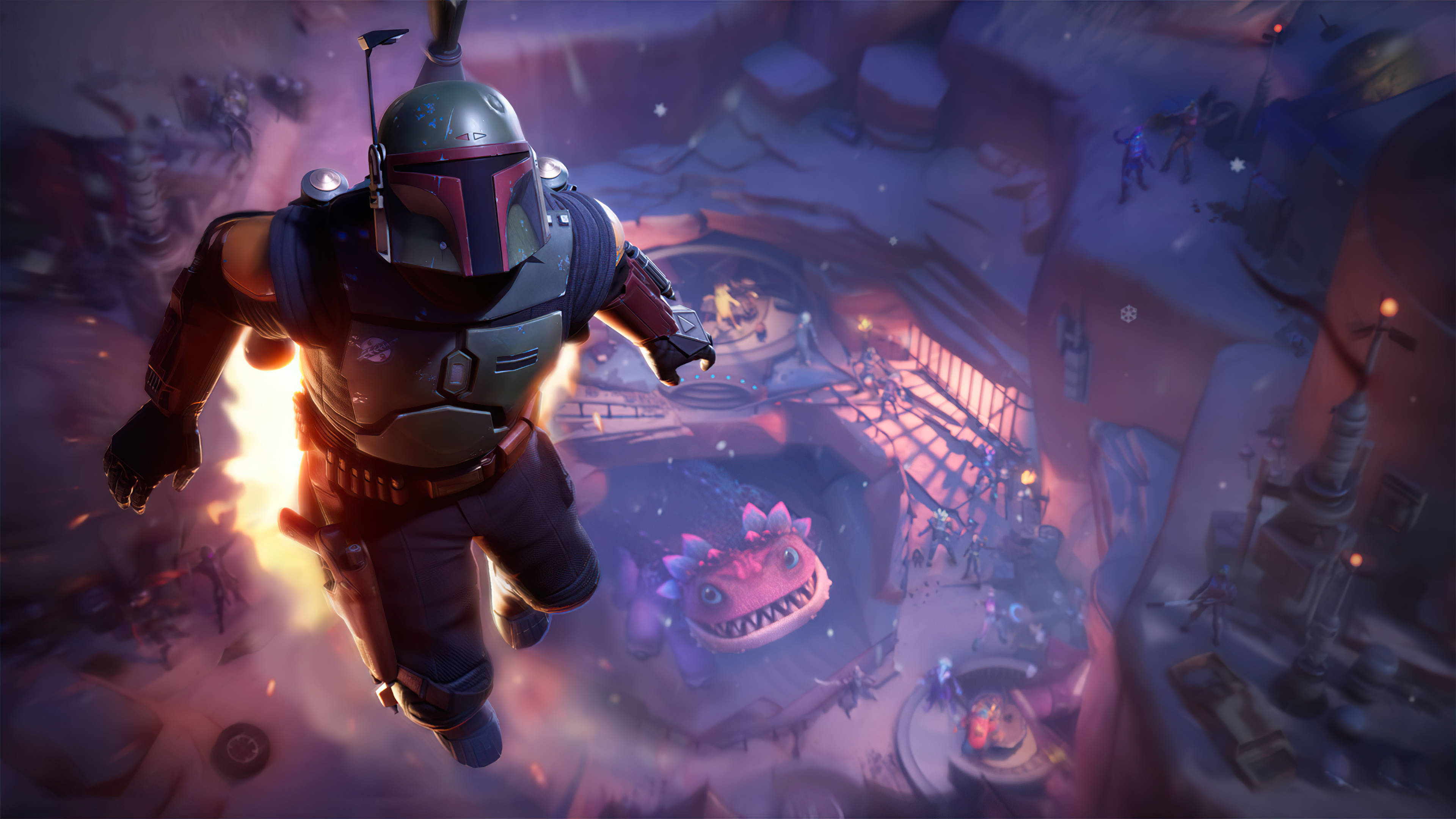 波巴·費特《Fortnite》iPad 壁紙 — 一位曼達洛戰士穿過白雪皚皚的外星峽谷，背著熾熱的噴射背包跳躍，而一隻怪獸潛伏在下方。
