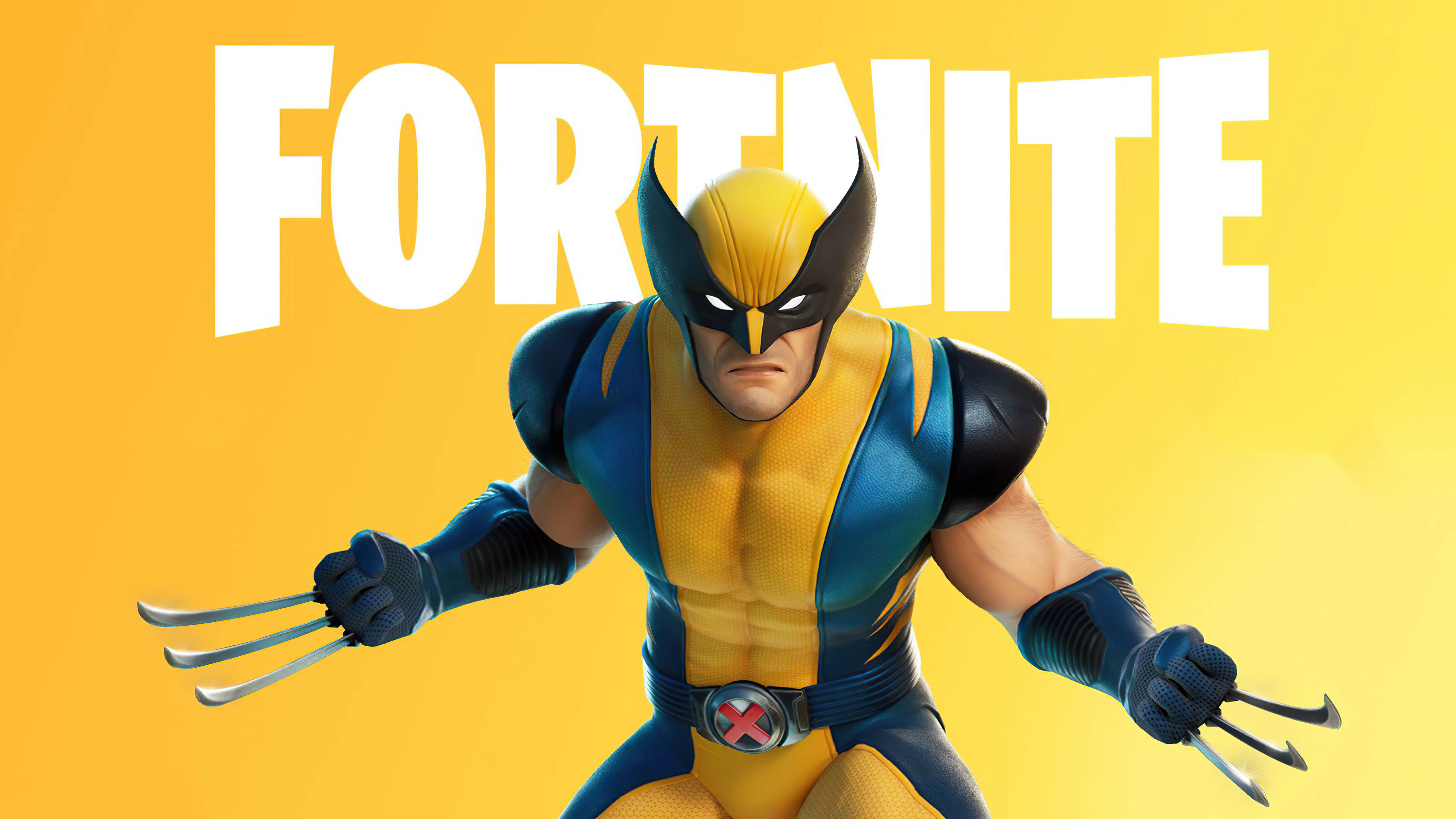 《Fortnite》iPad 壁紙：金鋼狼 壁紙 — 身穿 Fortnite 服裝的金剛狼在帶有白色標誌的鮮黃色背景上伸出爪子準備就緒。