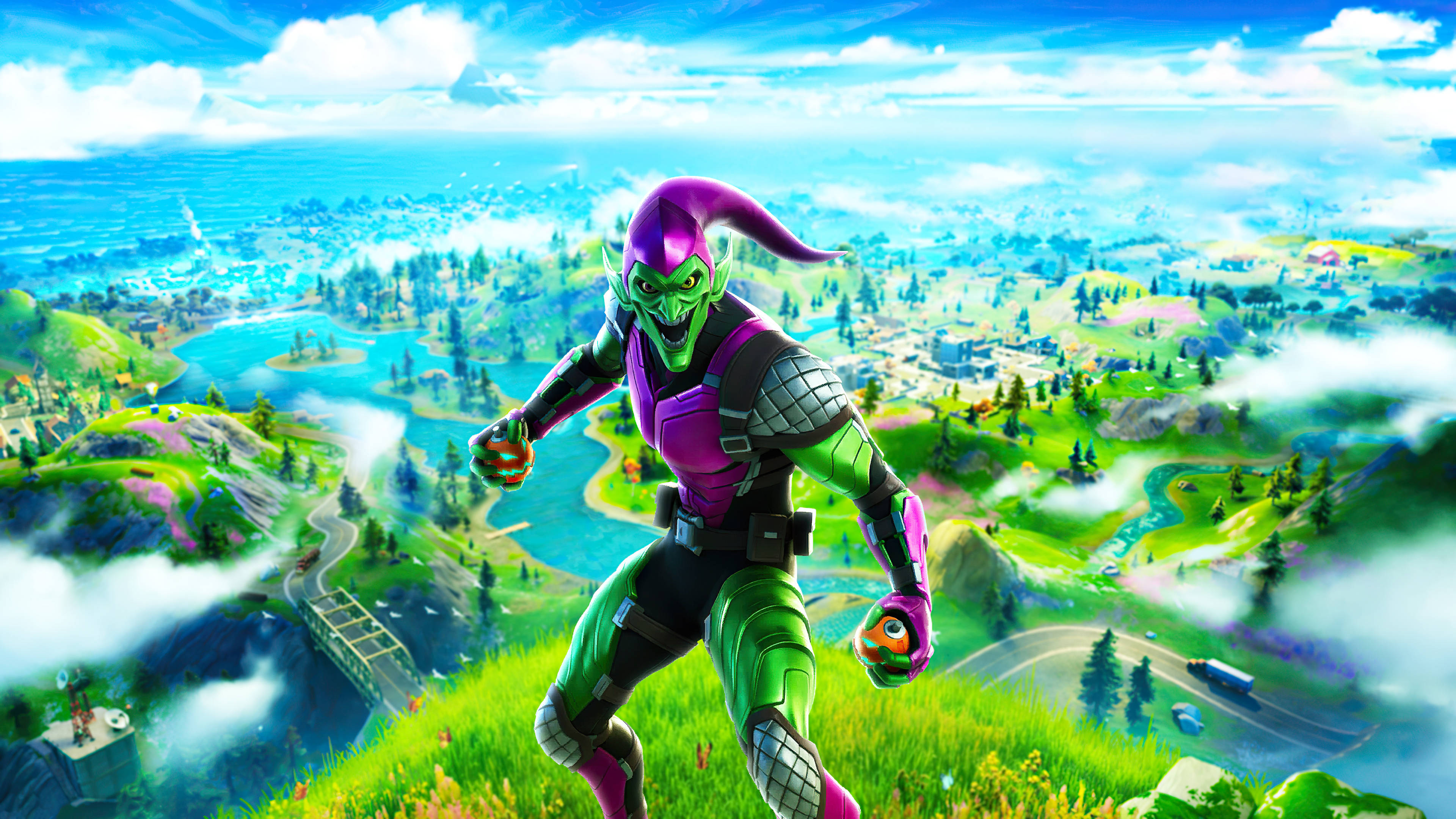 漫威綠惡魔《Fortnite》iPad 壁紙 — 一個綠色皮膚的小丑角色，身穿紫色和綠色的裝備，在長滿草叢的懸崖上跳躍，俯瞰著充滿活力的卡通島嶼景觀。