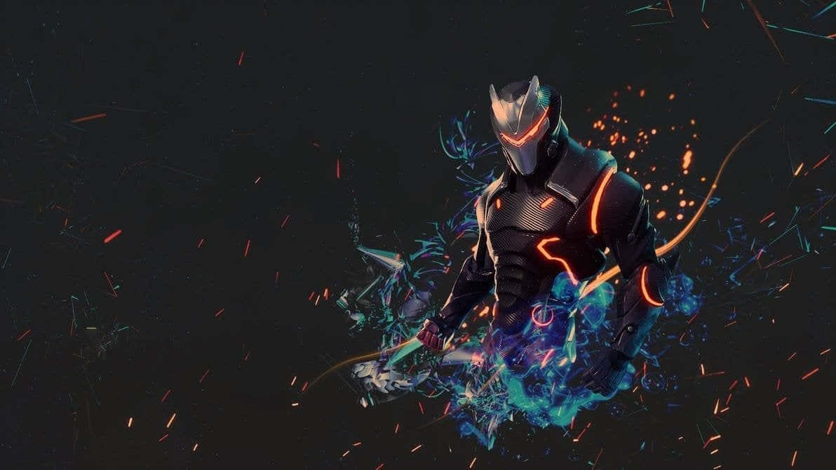 《Fortnite》Lynx 火焰藝術 壁紙 — 一位身穿發光盔甲的未來戰士在黑暗虛空中揮舞武器，伴隨著電光藍色能量和熾熱火花。