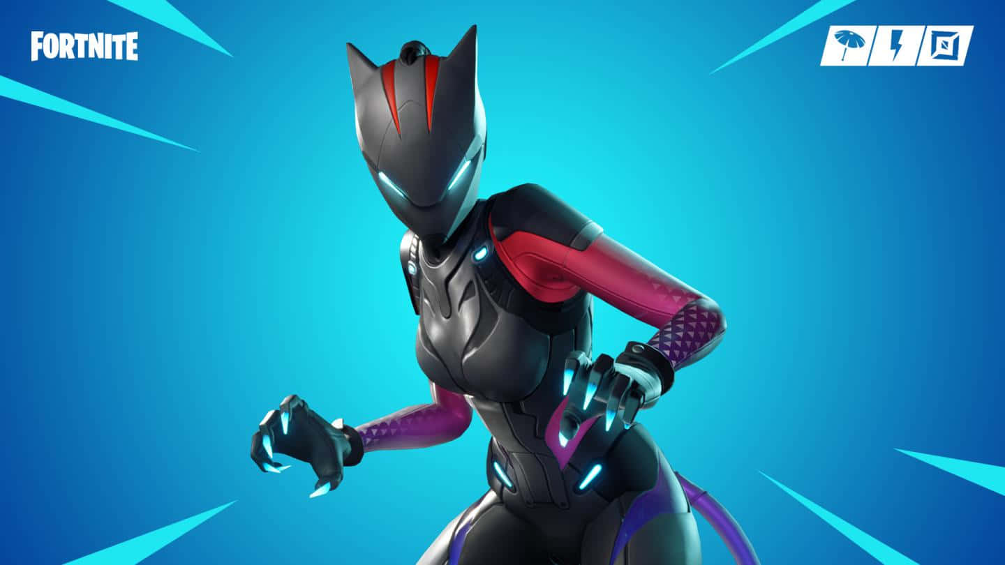 《Fortnite》自訂Lynx皮膚 壁紙 — 一個時尚的未來貓女，身穿黑色和粉紅色裝甲，帶有發光的藍色點綴，在充滿活力的藍色背景前擺出動態姿勢。