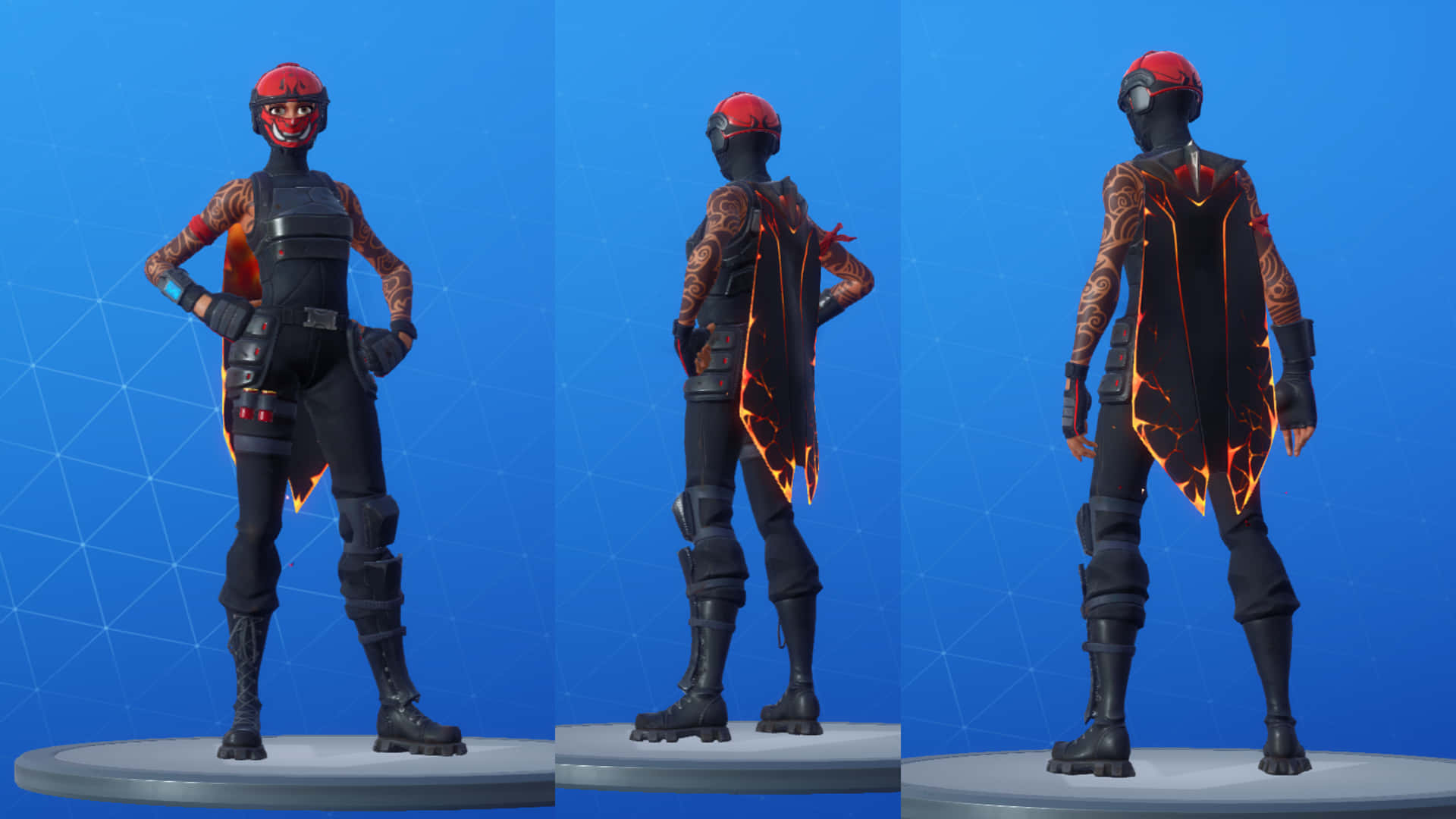 罕見《Fortnite》Manic 皮膚 壁紙 — 一個火焰裝甲角色從三個角度顯示在藍色網格背景上。