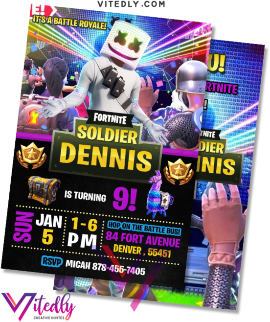 Fortnite主題Marshmello DJ 生日請柬 壁紙 — 充滿活力的Fortnite主題生日邀請函， featuring 角色在霓虹燈照亮的 battle royale 場景中，附有派對詳情。