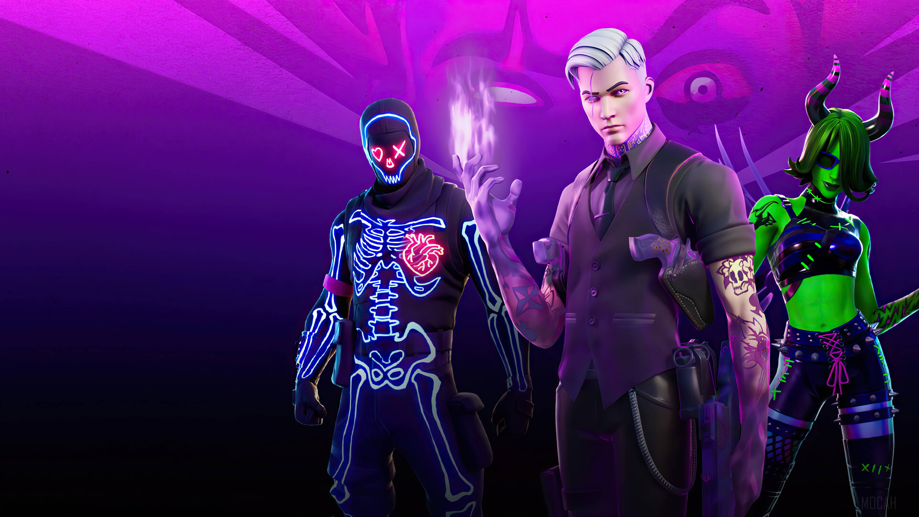 化身億萬富翁！立即取得《Fortnite》時尚Midas皮膚！ 壁紙 — 三個風格化的Fortnite角色在黑暗的宇宙背景中散發著霓虹紫色和綠色的光芒，背景中有漂浮的眼睛。