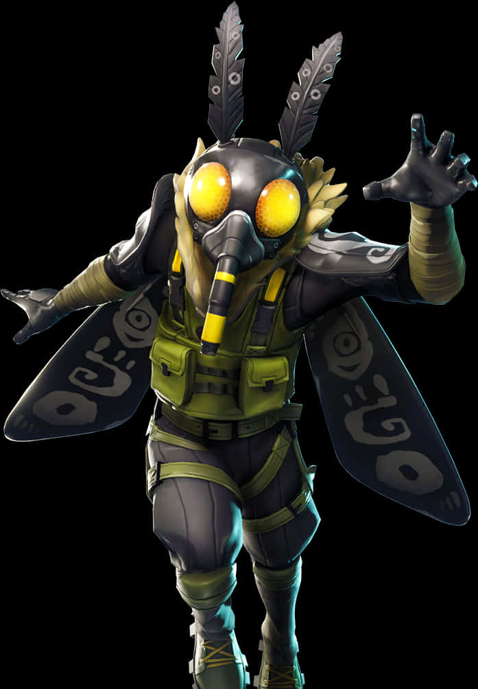 《Fortnite》Mothmando角色姿勢 壁紙 — 一個風格化的昆蟲角色，擁有發光的黃色眼睛和羽毛狀觸角，在黑色背景前擺出動態姿勢。