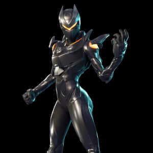 《Fortnite》Omega皮膚姿勢 壁紙 — 一個時尚的黑色裝甲超級英雄，帶有發光的橙色點綴，在純黑色背景上動態站立。