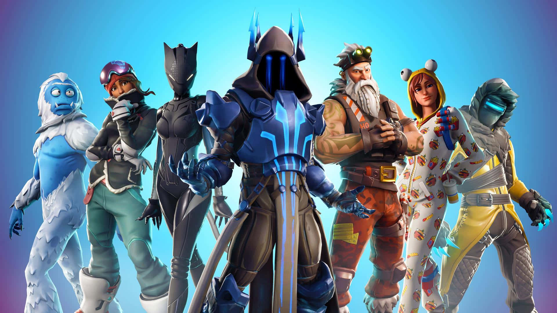 Fortnite創意模式角色 壁紙 — 七個Fortnite角色穿著色彩繽紛的服裝，自信地站在明亮的藍色漸變背景前。