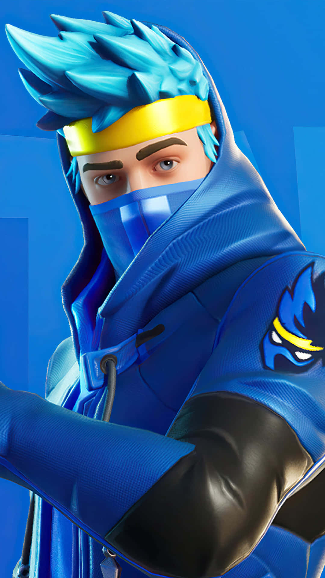 穿著藍色連帽衫、戴著黃色頭帶的Fortnite忍者角色。
