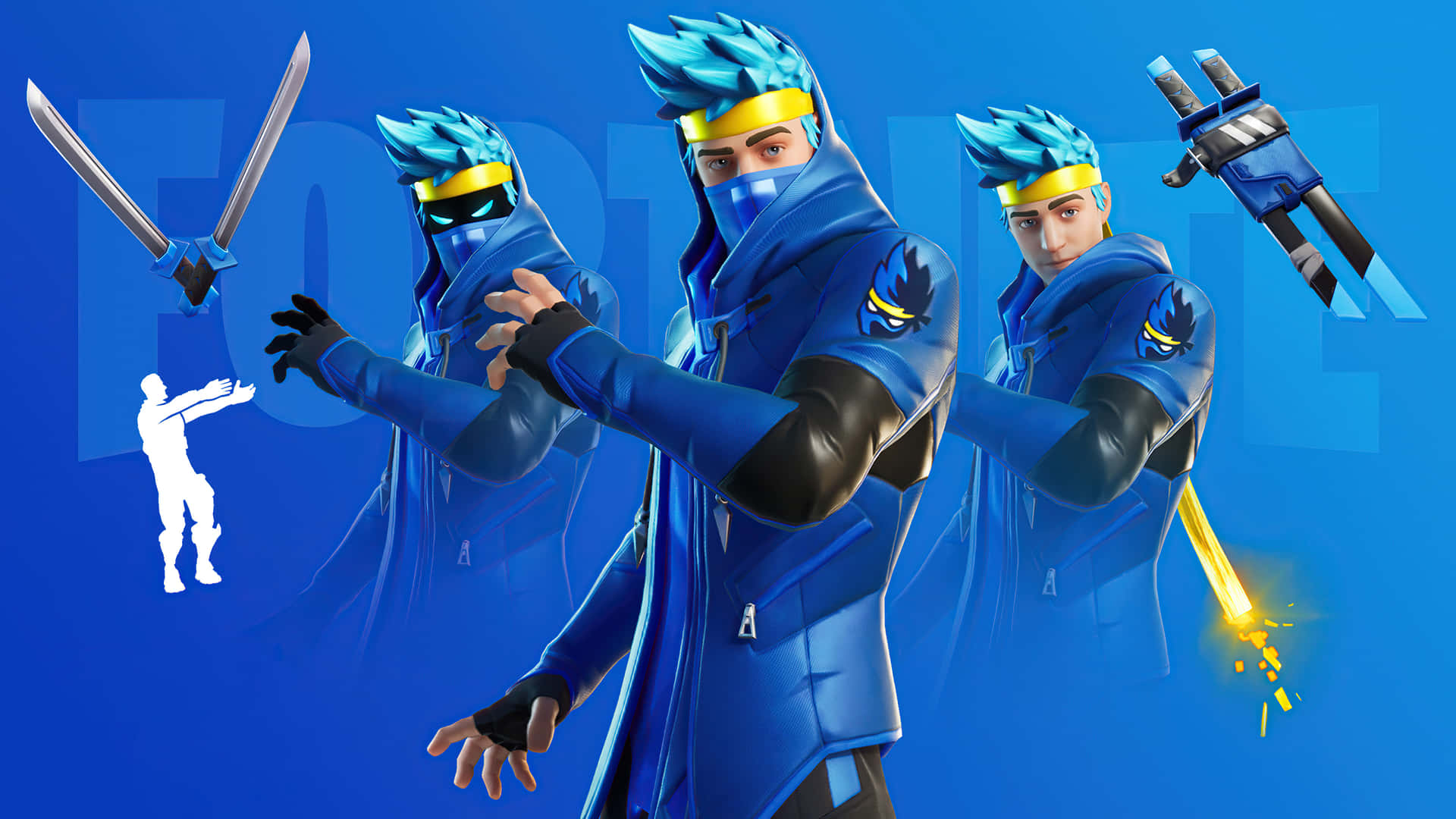 穿著藍色裝備的Fortnite忍者角色揮舞武器