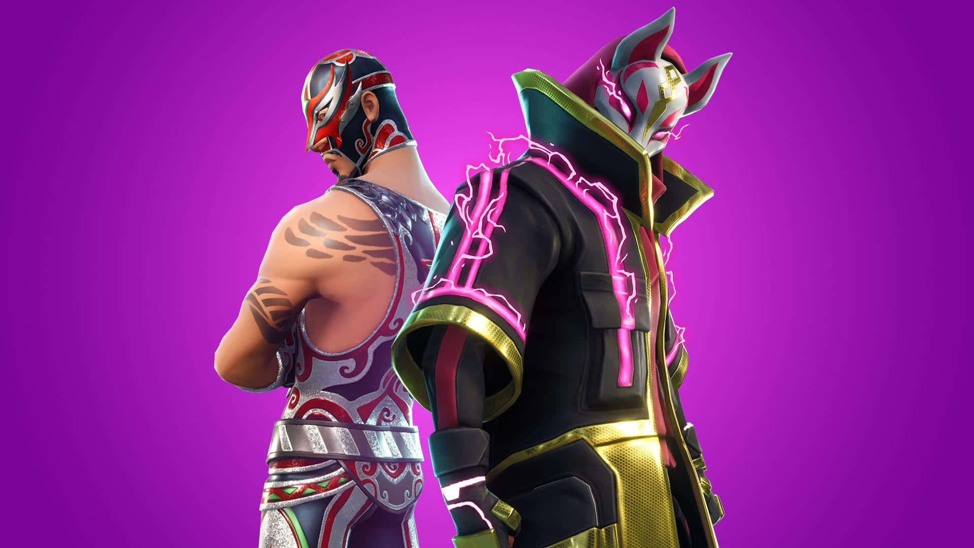 Fortnite戴面具角色 壁紙 — 兩個《要塞英雄》角色戴著鮮豔的摔角面具和發光服裝，背靠背站在純紫色背景前。