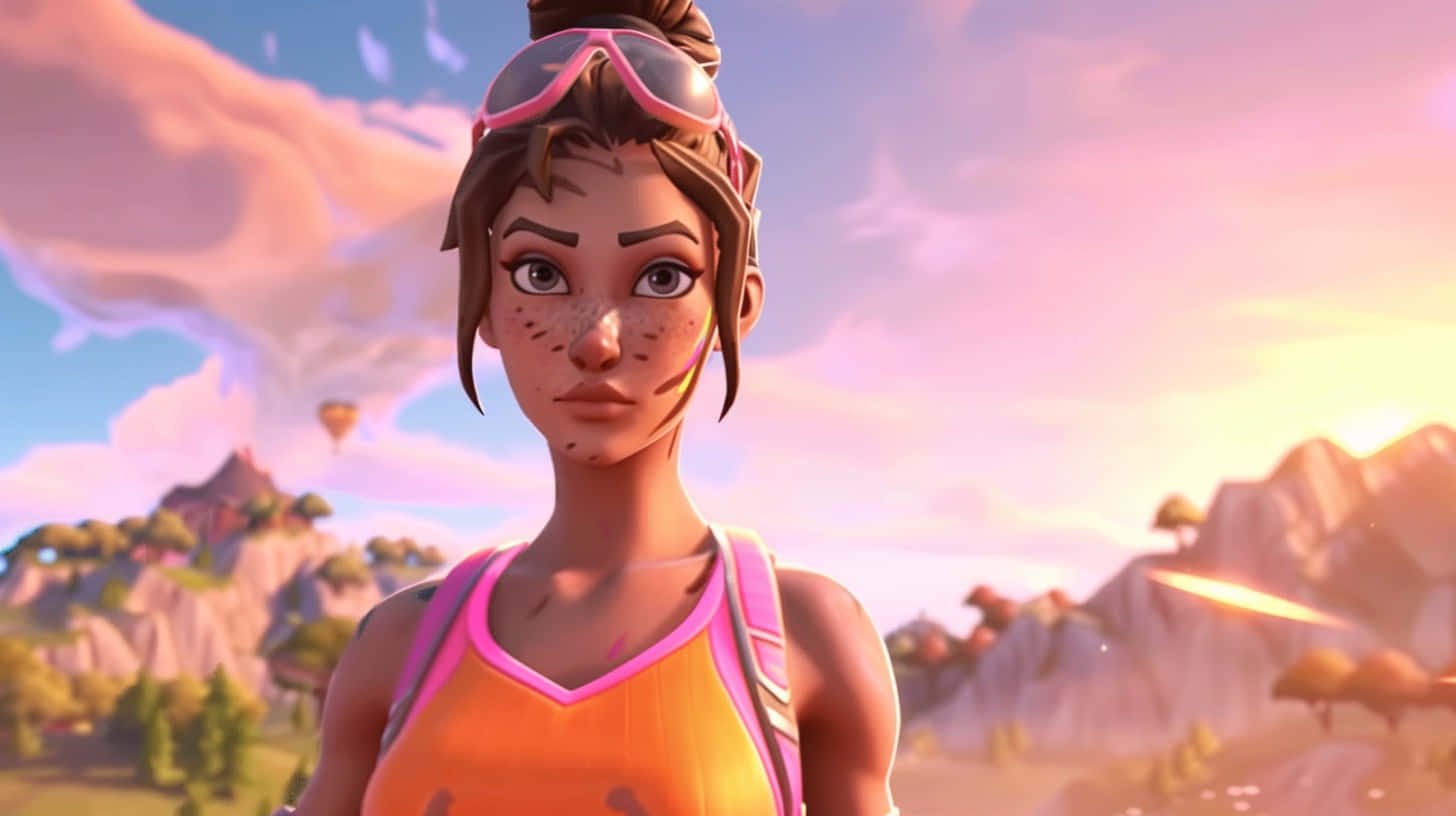 Fortnite日出角色簡介 壁紙 — 一個頭戴護目鏡的Fortnite角色，站在充滿活力的日落景觀中，有山脈和熱氣球。