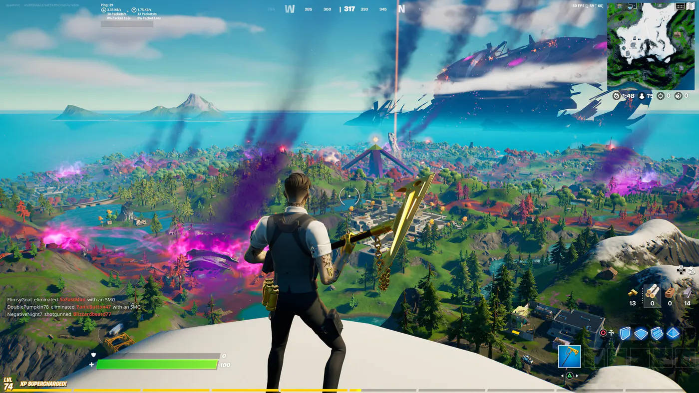 《Fortnite》玩家俯瞰著一個色彩繽紛的島嶼，島上空有一艘太空船飛過。