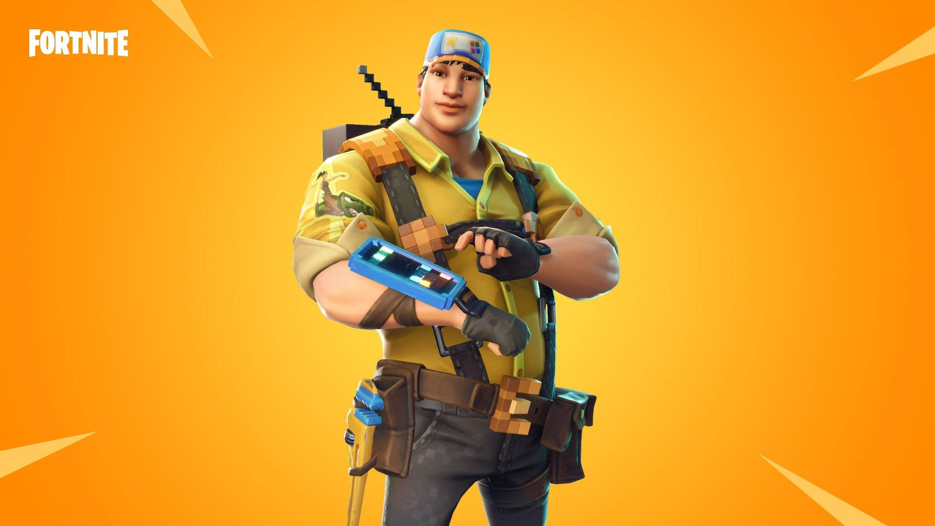 Fortnite角色穿著像素服裝，在橙色背景下手持藍色武器