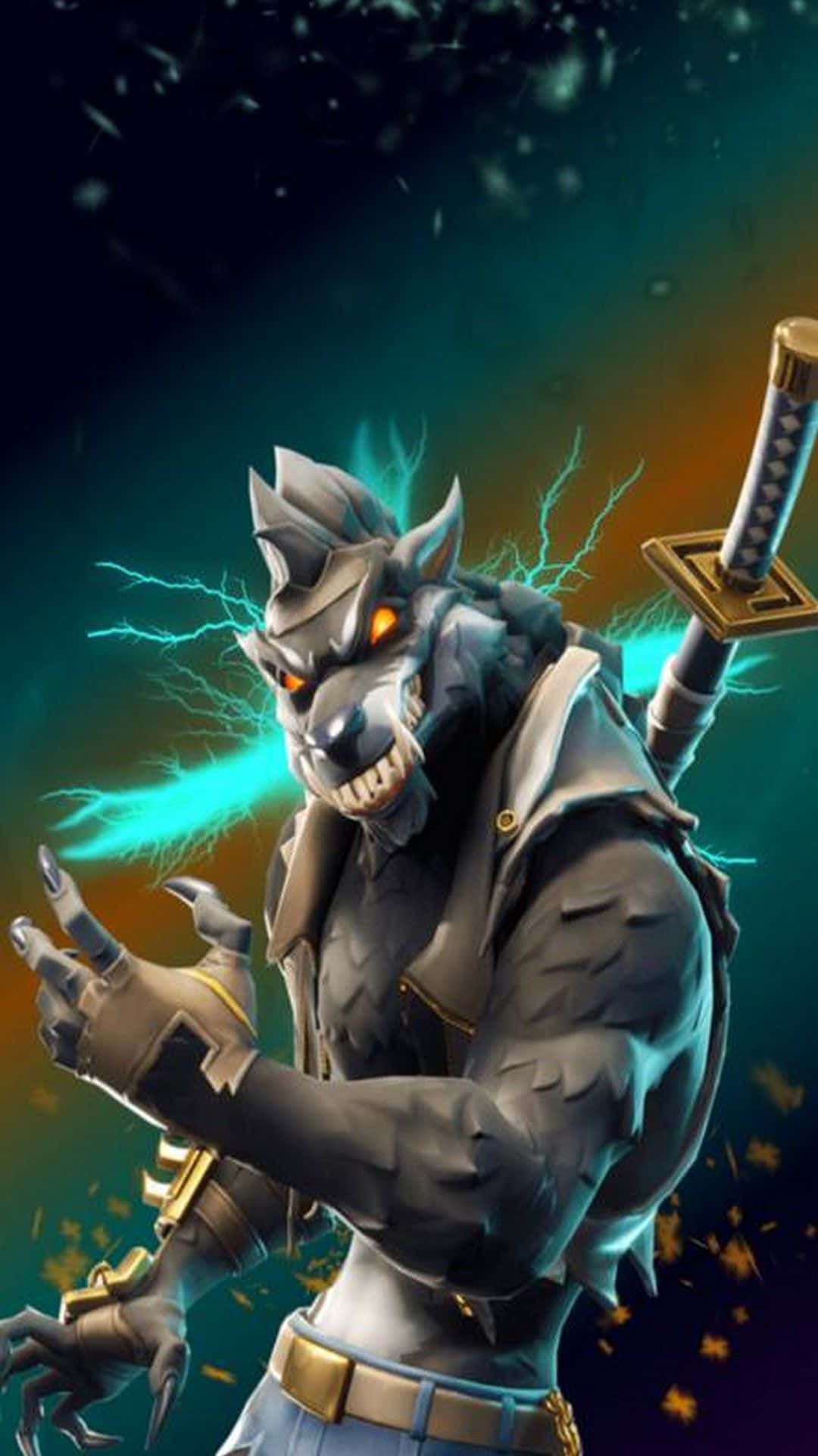 Fortnite角色Dire 壁紙 — 一個兇猛的狼戰士，擁有發光的橙色眼睛和電藍色能量在他周圍劈啪作響，他手持劍並伸出帶爪的手。