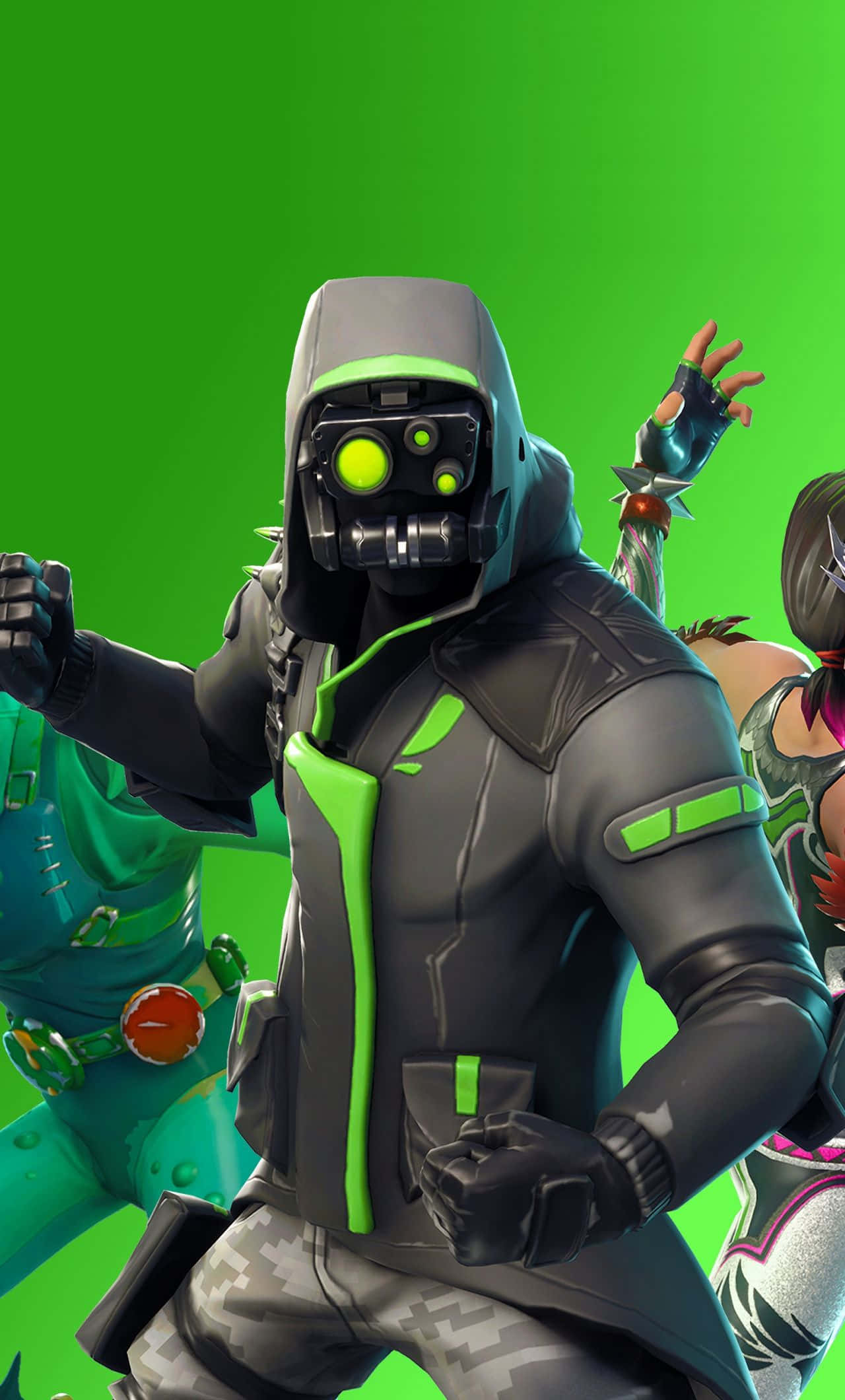Fortnite角色原型 壁紙 — 一個穿著黑色和螢光綠色連帽服裝、眼睛發光的 Fortnite 角色，在純綠色背景前動態擺姿勢。