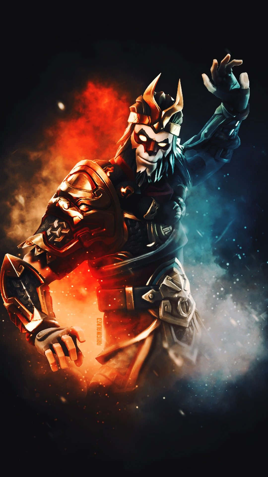 Fortnite角色悟空 壁紙 — 一位戴面具的戰士身穿華麗盔甲，在火紅與冰藍的宇宙背景下動態站立。