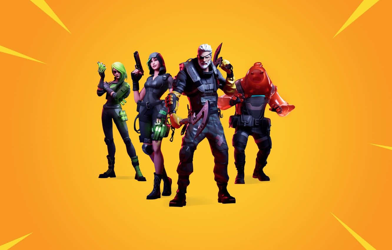 Fortnite角色橙色海報風格 壁紙 — 四個風格化的電子遊戲角色身穿戰鬥裝備，在帶有黃色射線的鮮豔橙色背景前動態擺姿勢。