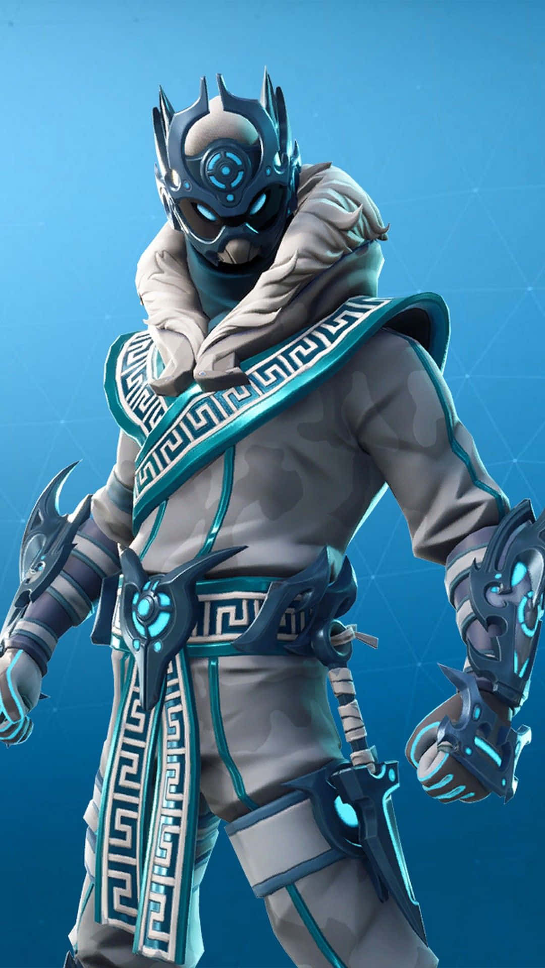 Fortnite角色雪足 壁紙 — 一個未來戰士穿著華麗的藍色和灰色盔甲，帶有發光裝飾，站在數碼藍色背景前。