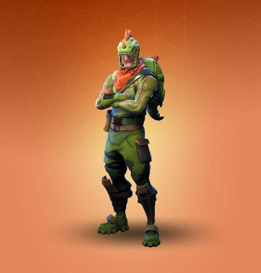 Fortnite角色雷克斯龍皮膚 壁紙 — 一個自信滿滿的恐龍主題Fortnite角色，雙手交叉，站在溫暖的橙色漸變背景前。