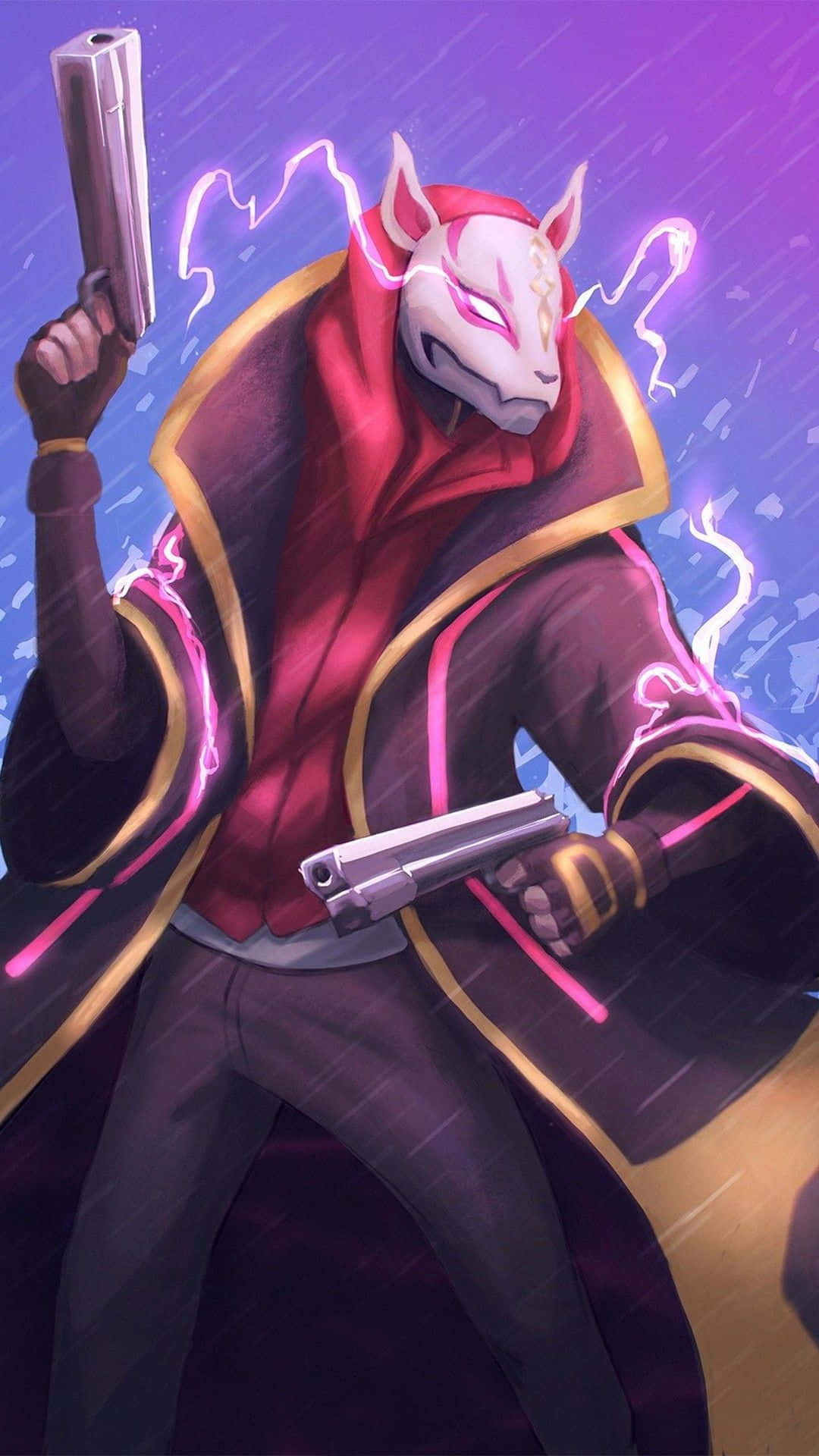 Fortnite角色飄移 壁紙 — 一個戴面具、像狐狸的動漫角色，身穿紅色斗篷，在雨夜天空中閃爍的紫色閃電中揮舞著兩把手槍。