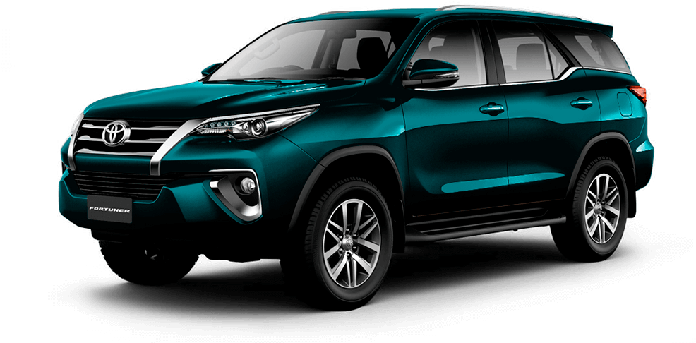 青綠色豐田Fortuner SUV側面視圖 壁紙 — 在純黑色背景下，以工作室燈光展示的時尚青綠色 Toyota Fortuner SUV。