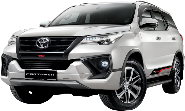 豐田Fortuner TRD Sportivo SUV 壁紙 — 在工作室燈光下展示的時尚銀色豐田 Fortuner SUV，帶有黑色飾邊和紅色細節。