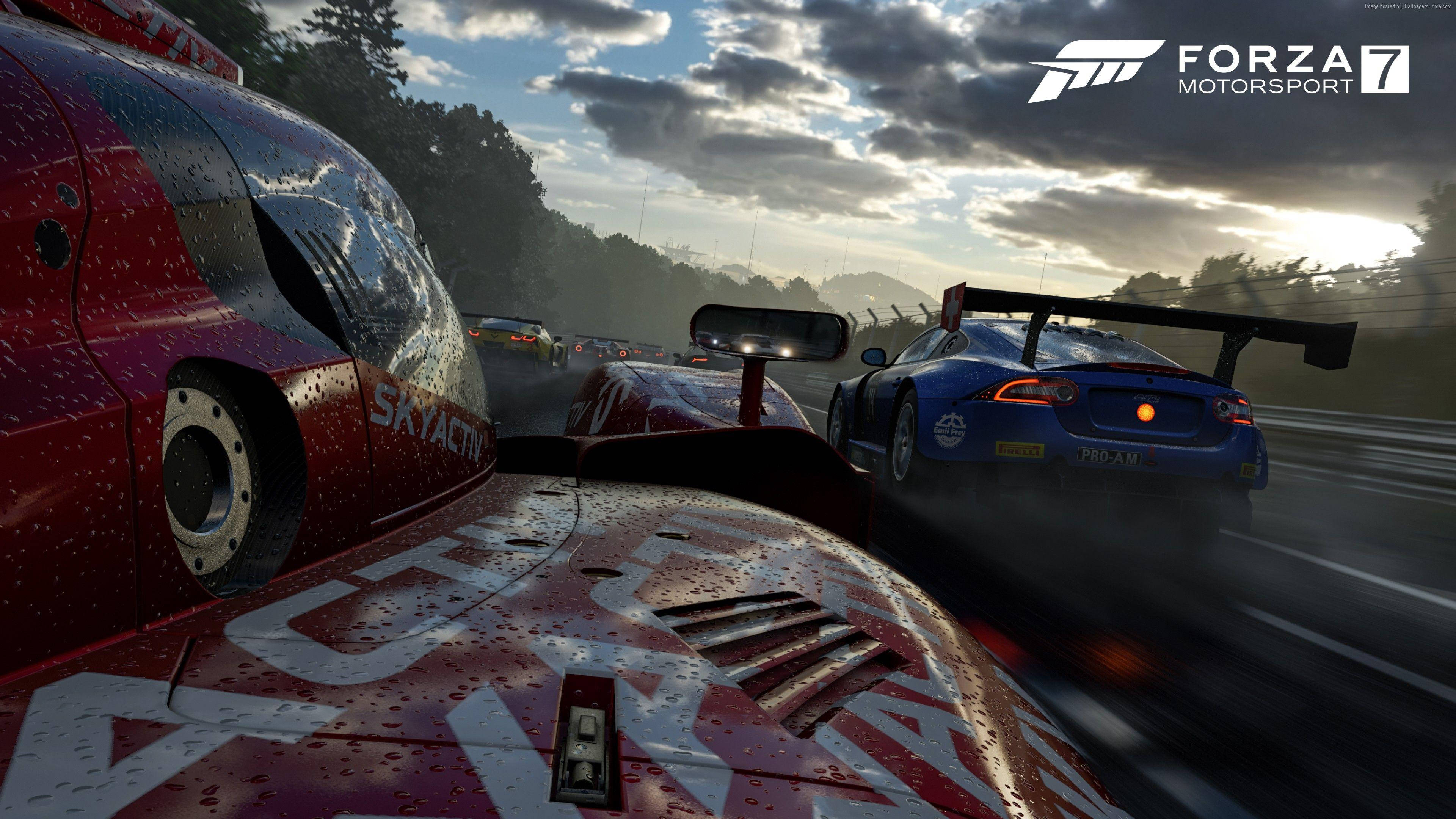Forza 7 藍色賽車 壁紙 — 一輛紅色賽車帶著雨滴在潮濕的賽道上飛馳，而一輛藍色跑車在附近漂移，背景是陰雲密布的日落天空。