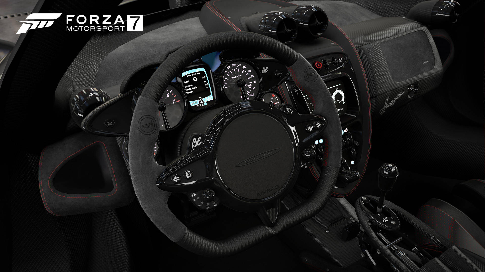 Forza 7 純黑方向盤 壁紙 — Forza Motorsport 7 中高性能汽車的黑色碳纖維內飾、紅色縫線和數位儀表板特寫。