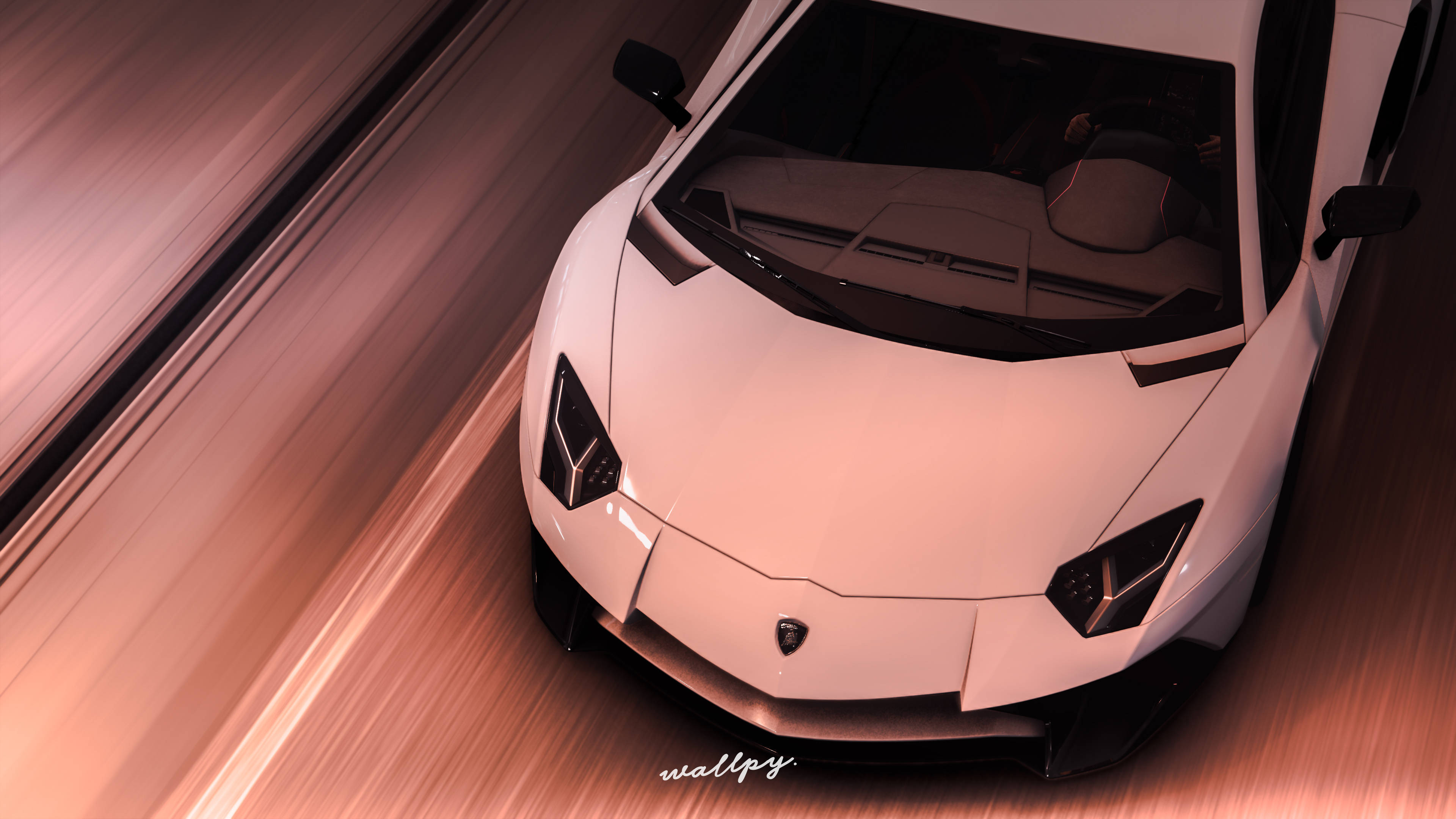 Forza Horizon 4 4K 白色蘭博基尼Aventador 壁紙 — 一輛白色林寶堅尼向前疾馳，帶出暖銅色調的動態模糊效果。