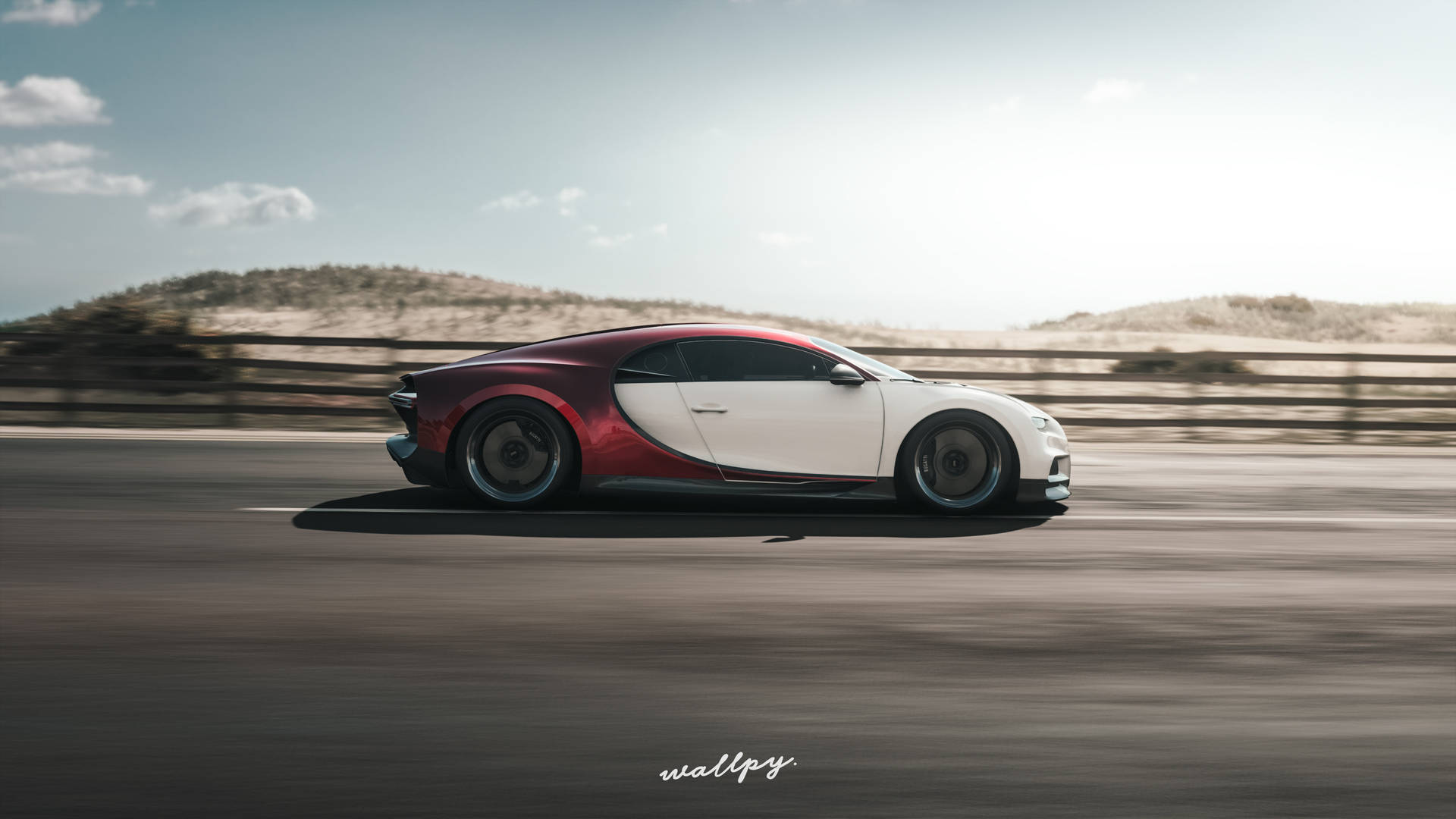 紅白Bugatti在沙漠高速公路上日落時分飛馳