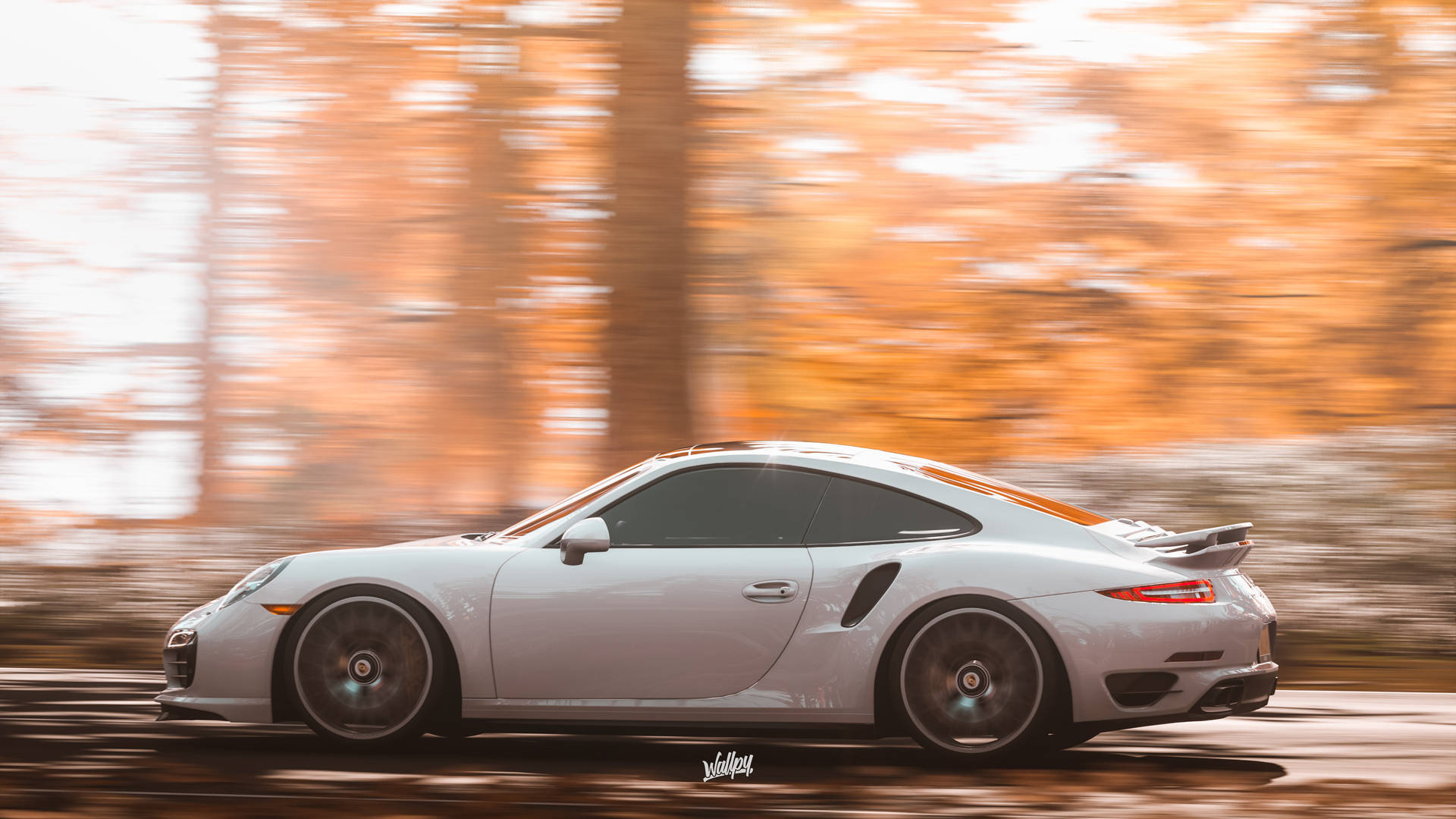 銀色保時捷911 GT3 RS在秋林中疾馳，背景模糊。