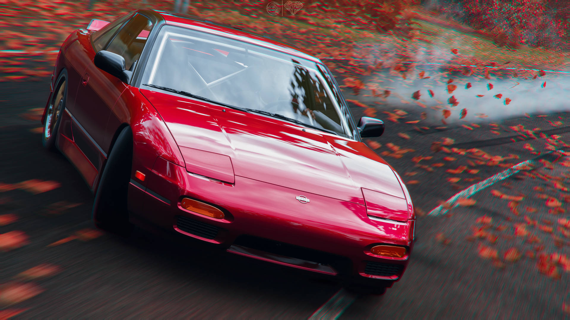 紅色跑車在鋪滿秋葉的濕滑路面上漂移。