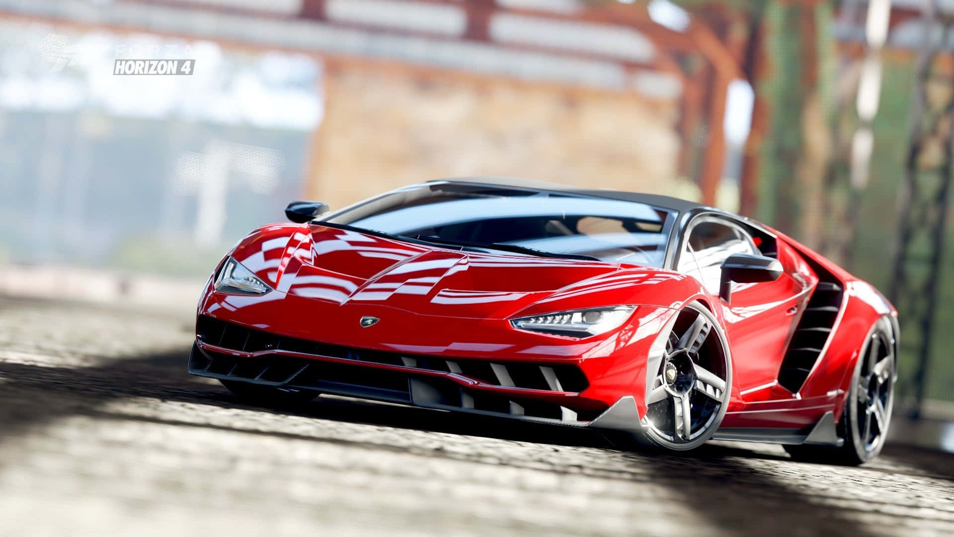 紅色林寶堅尼 Aventador SVJ 在日落時分於橋下的鵝卵石路上飛馳。