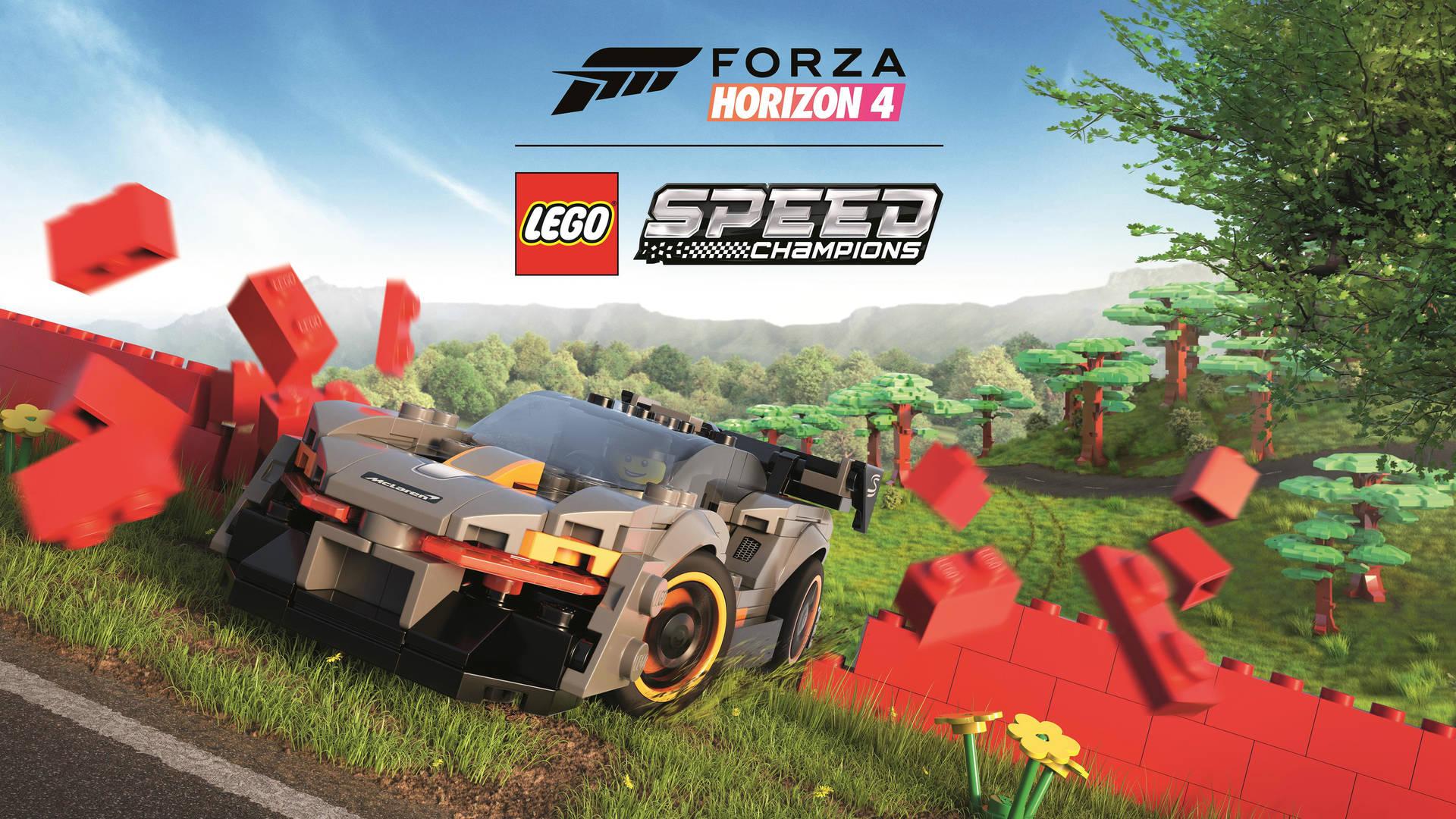 LEGO賽車在陽光明媚的戶外場景中撞穿紅磚。