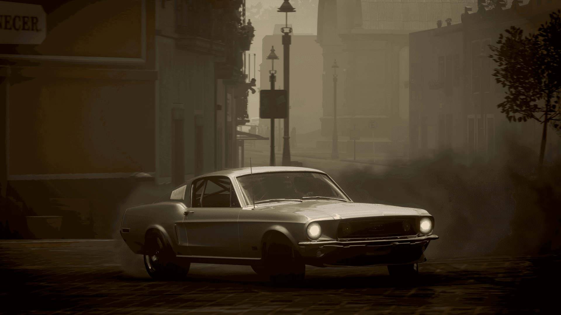 Forza Horizon - Mustang 壁紙 — 一輛銀色經典肌肉車在黎明時分的鵝卵石街道上漂移，輪胎冒出滾滾濃煙。
