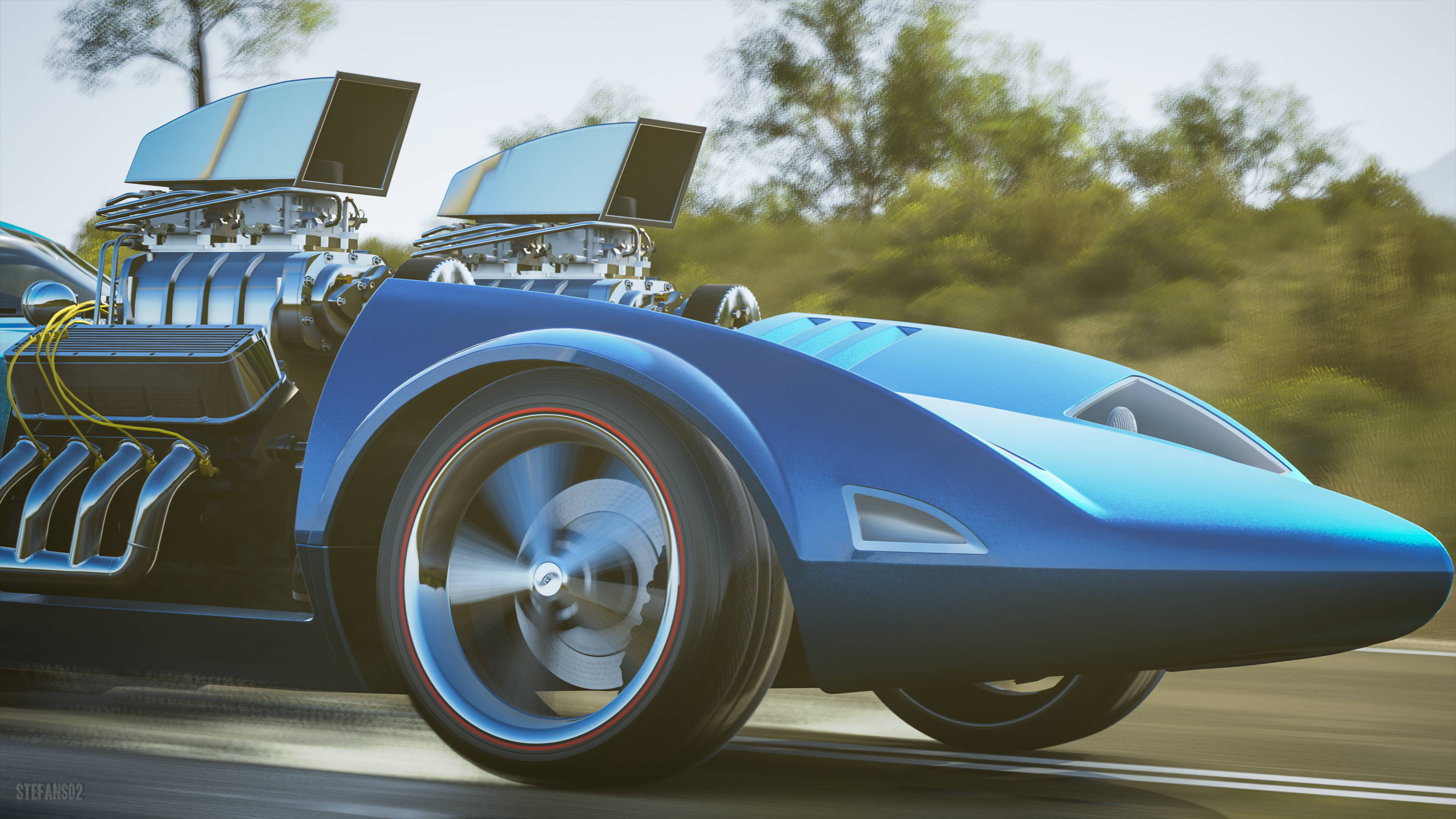 Forza Horizon 獨特藍色賽車 壁紙 — 一輛時尚的藍色未來汽車，帶有外露引擎，在陽光明媚的道路上穿過綠樹飛馳。