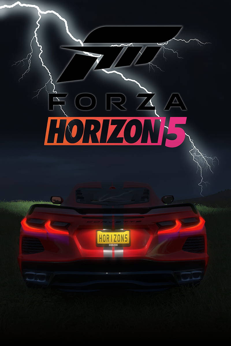 紅色跑車帶有發光燈光，在風暴天空下，有閃電和Forza Horizon 5標誌。