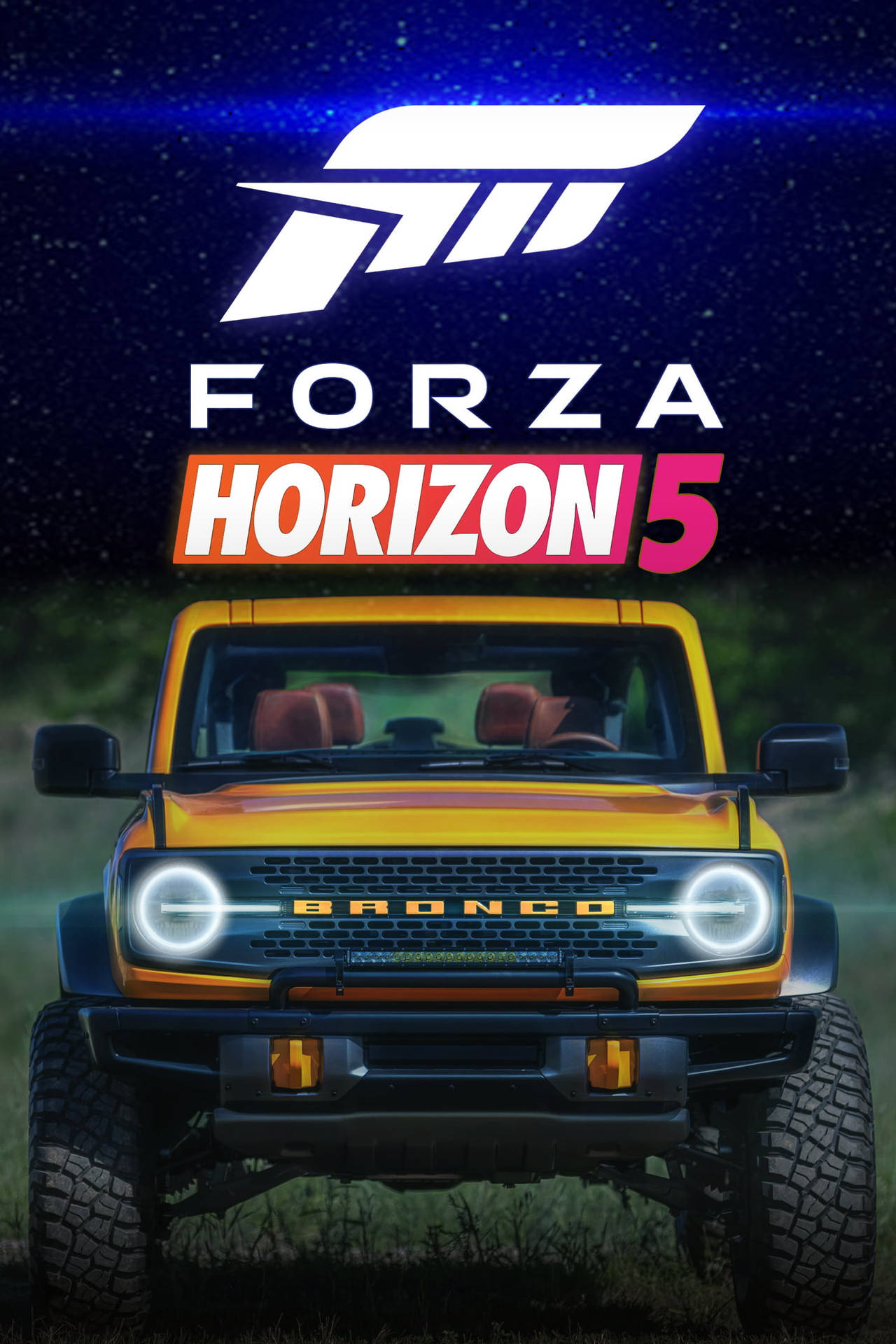 星空夜空下的黃色福特Bronco SUV，帶有Forza Horizon 5遊戲標誌。