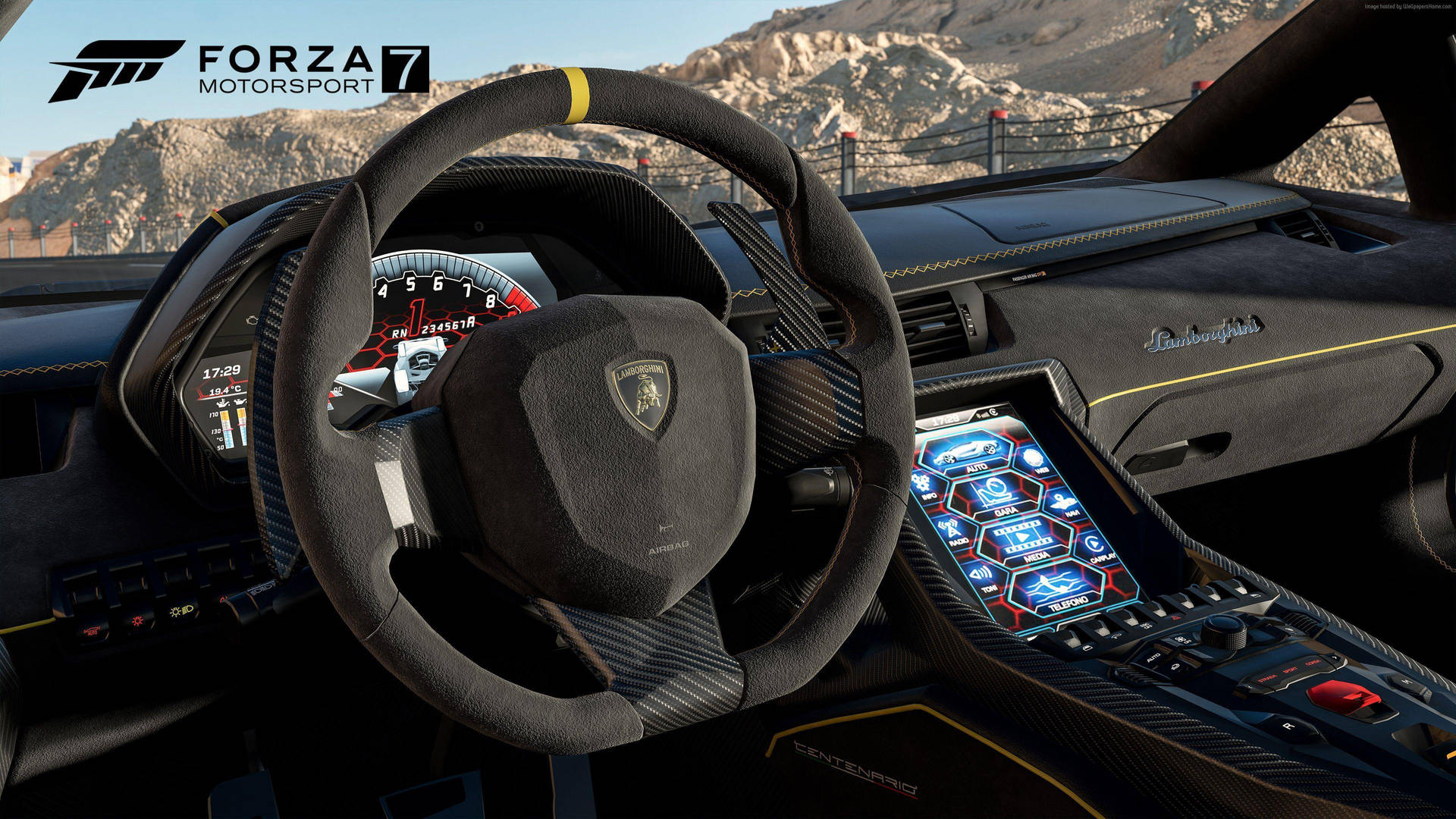 Forza Motorsport 7 中林寶堅尼跑車的內飾，數位儀表板和山景。